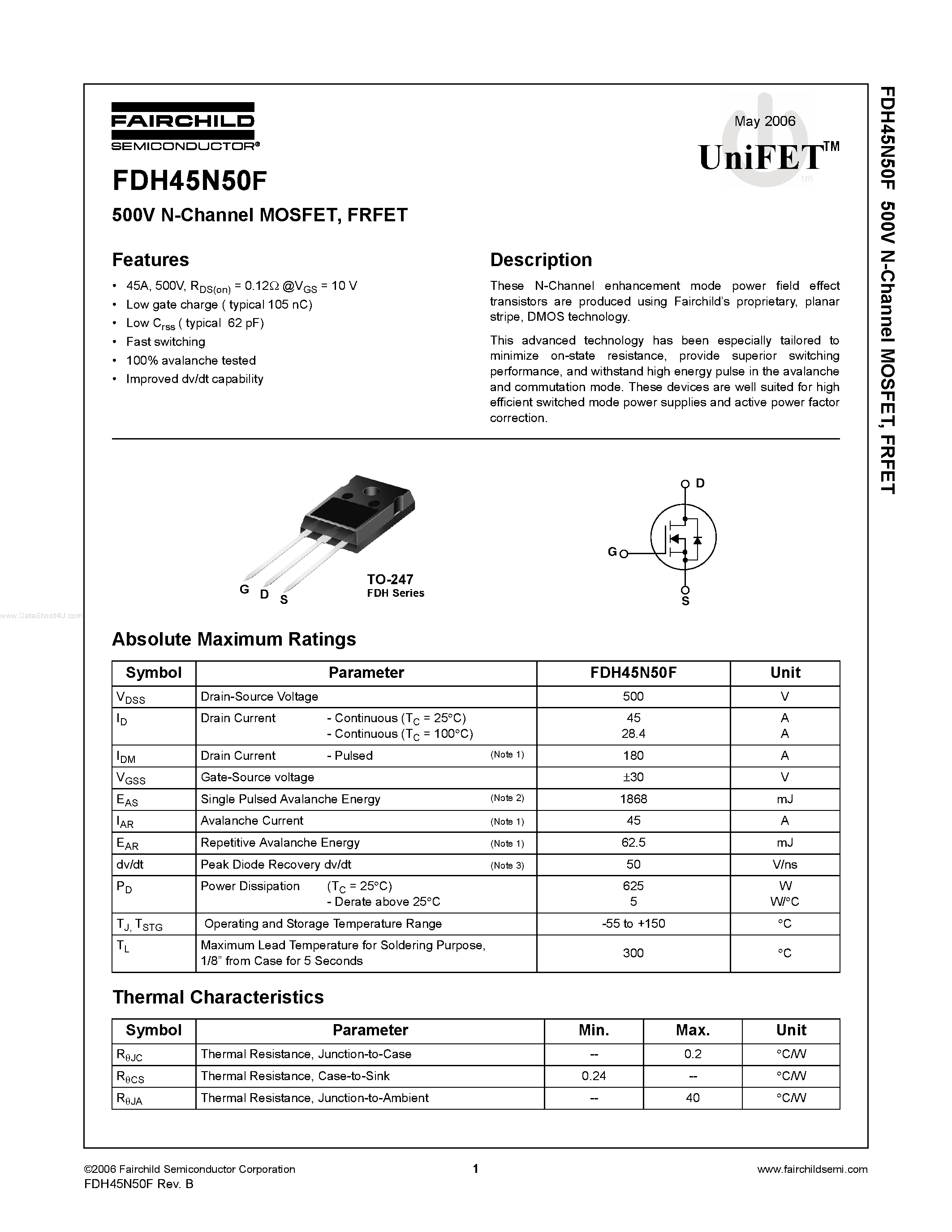 Datasheet FDH45N50F - 500V N-Channel MOSFET page 1