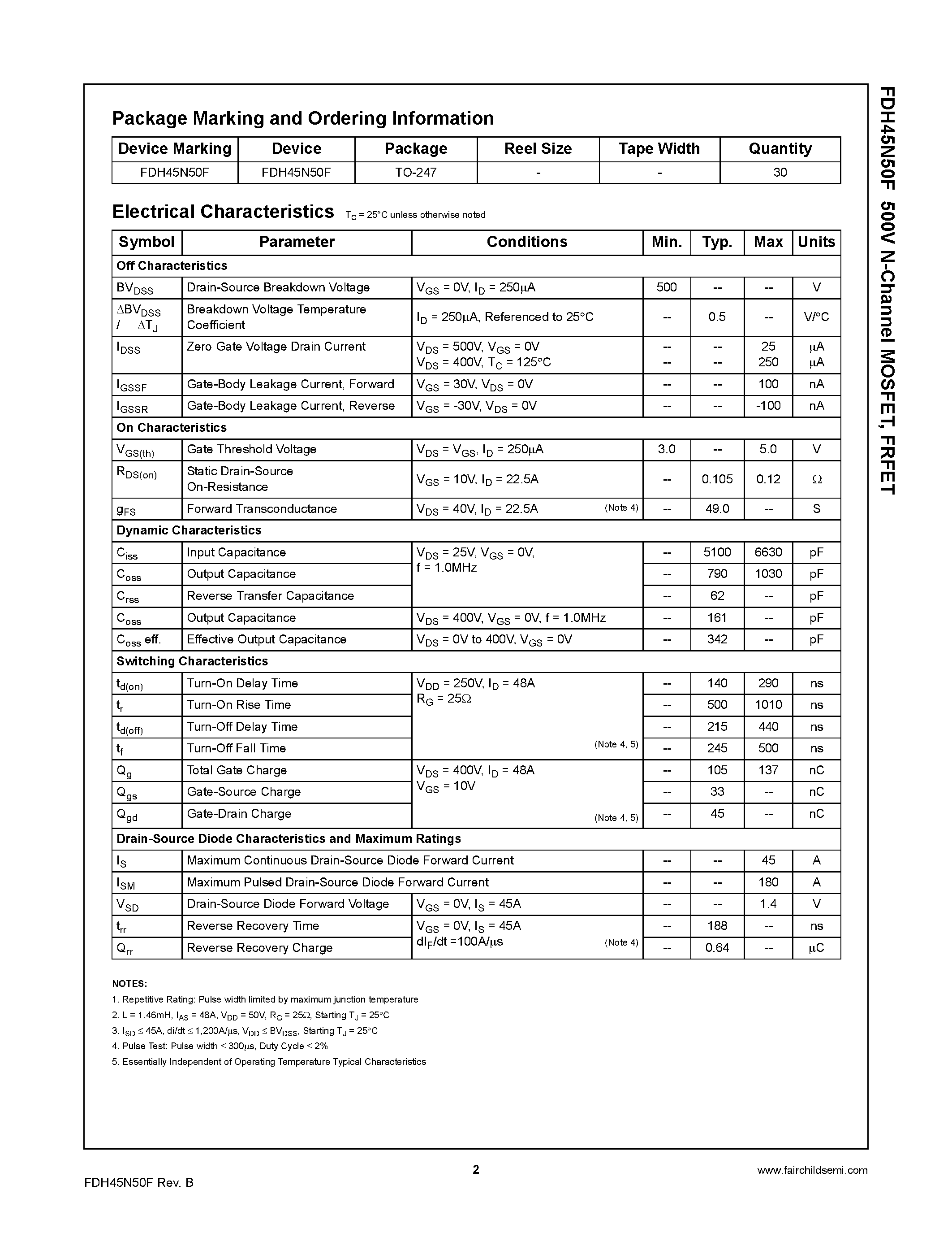 Datasheet FDH45N50F - 500V N-Channel MOSFET page 2