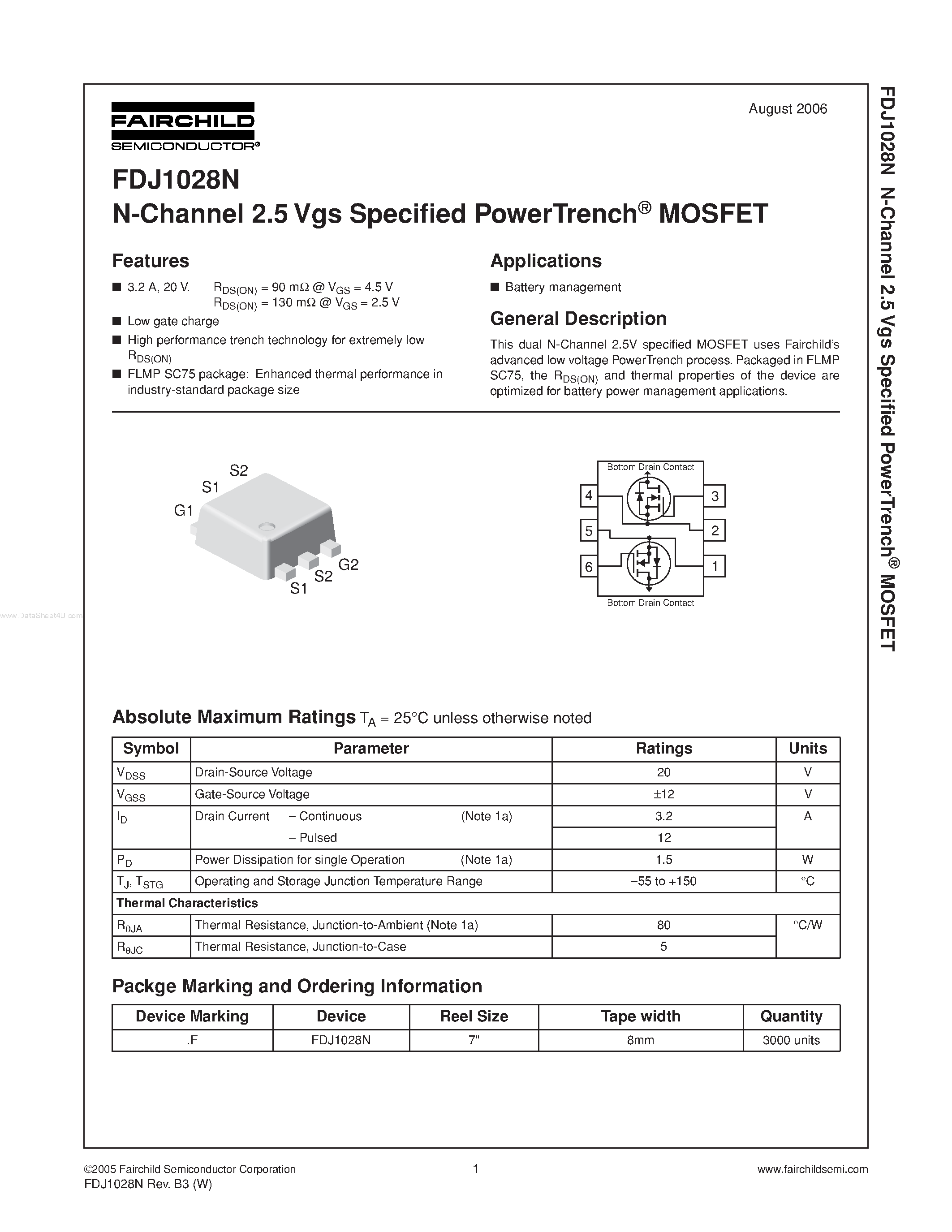 Datasheet FDJ1028N - N-Channel 2.5 Vgs Specified PowerTrench MOSFET page 1