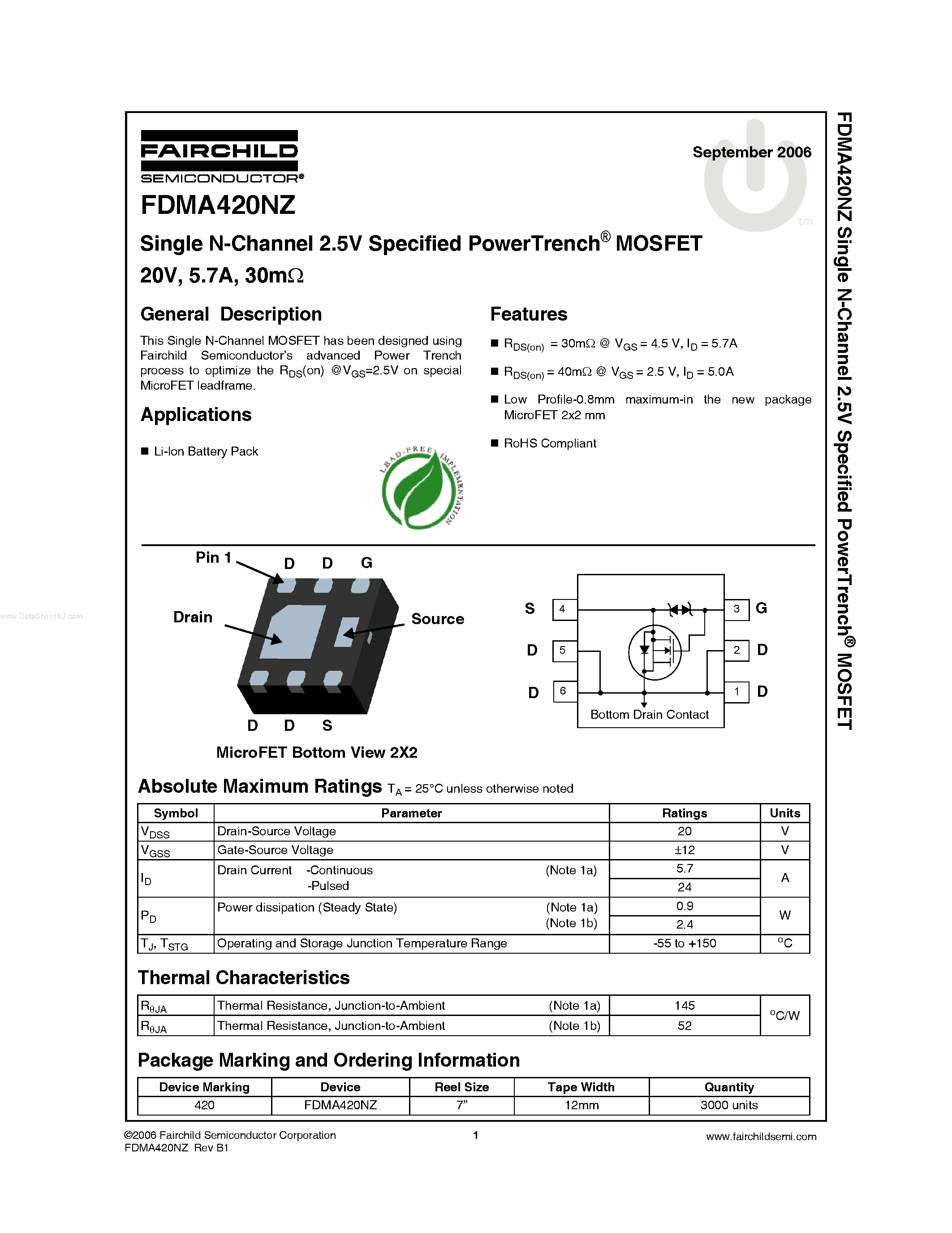 Datasheet FDMA420NZ - Single N-Channel 2.5V Specified PowerTrench MOSFET page 1