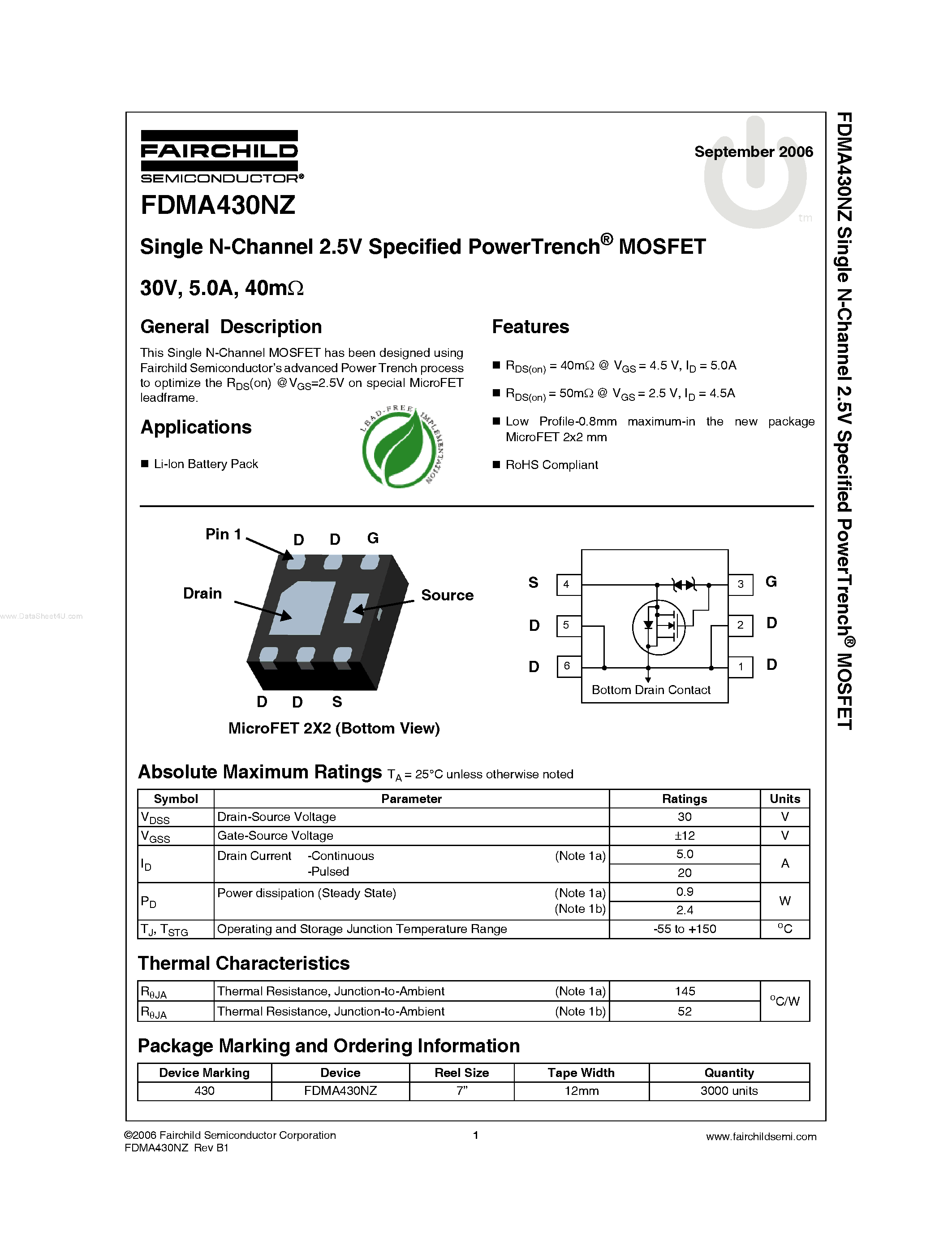 Datasheet FDMA430NZ - Single N-Channel 2.5V Specified PowerTrench MOSFET page 1