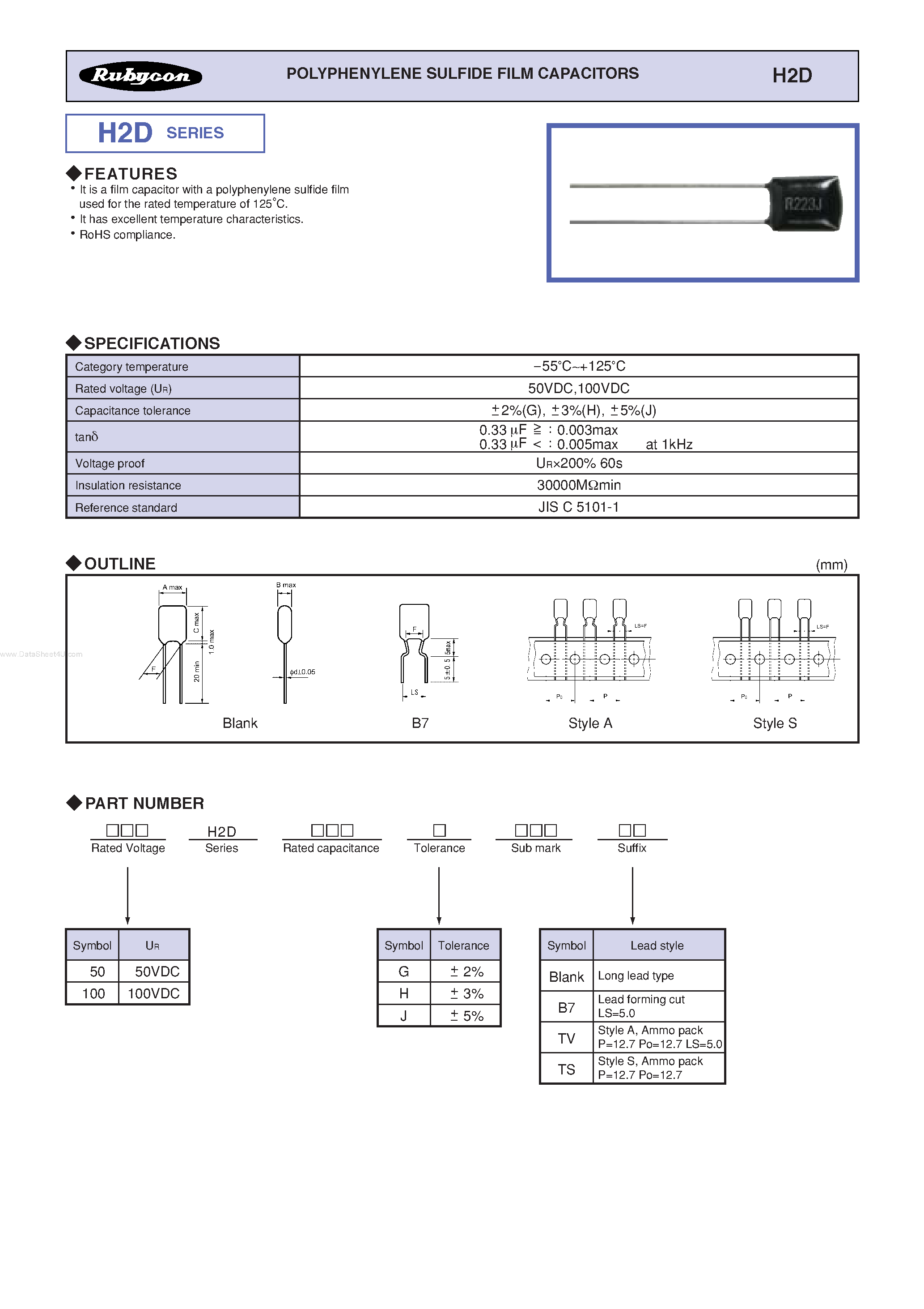 Datasheet H2D - POLYPHENYLENE SULFIDE FILM CAPACITORS page 1