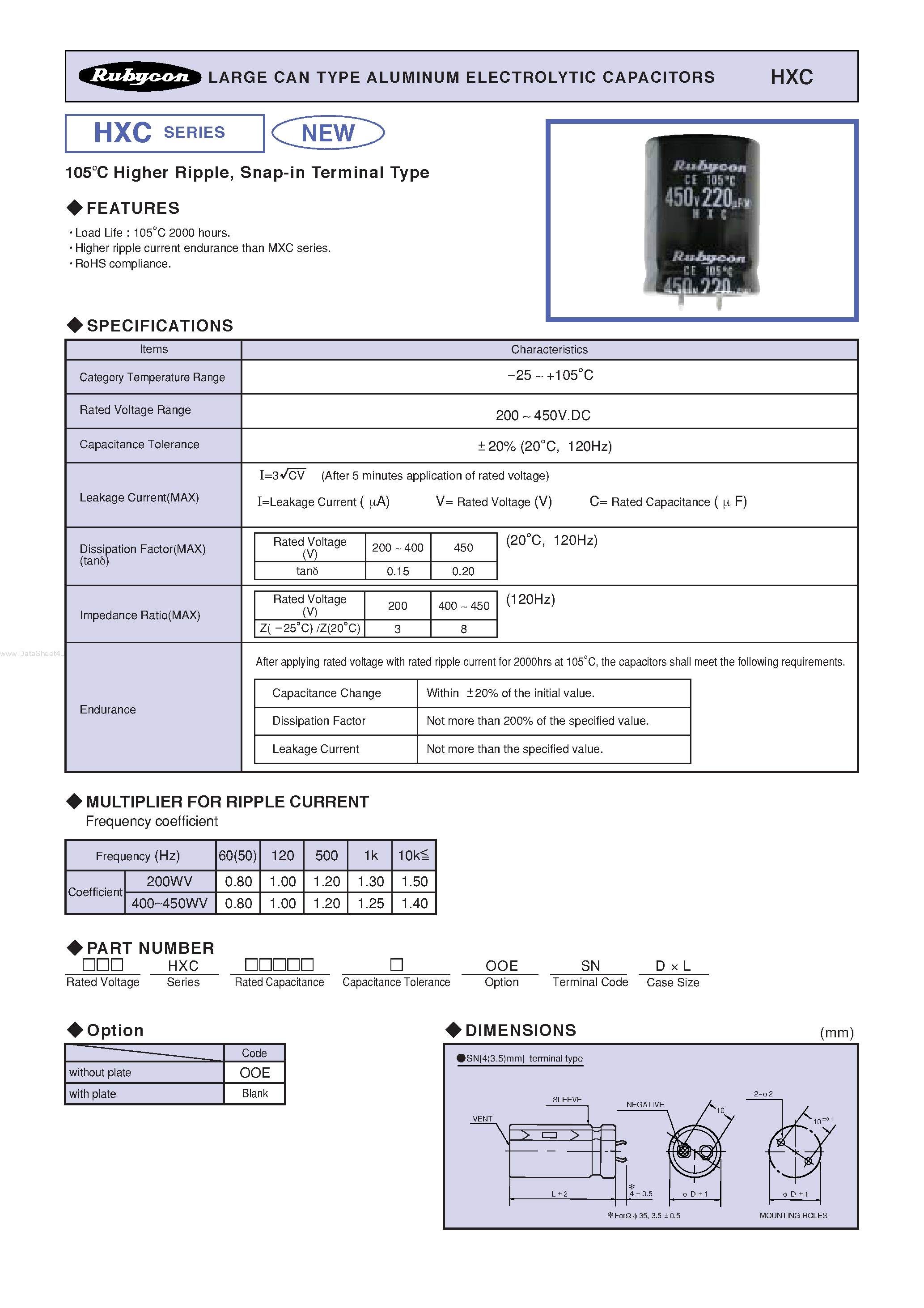 Datasheet HXC - LARGE CAN TYPE ALUMINUM ELECTROLYTIC CAPACITORS page 1