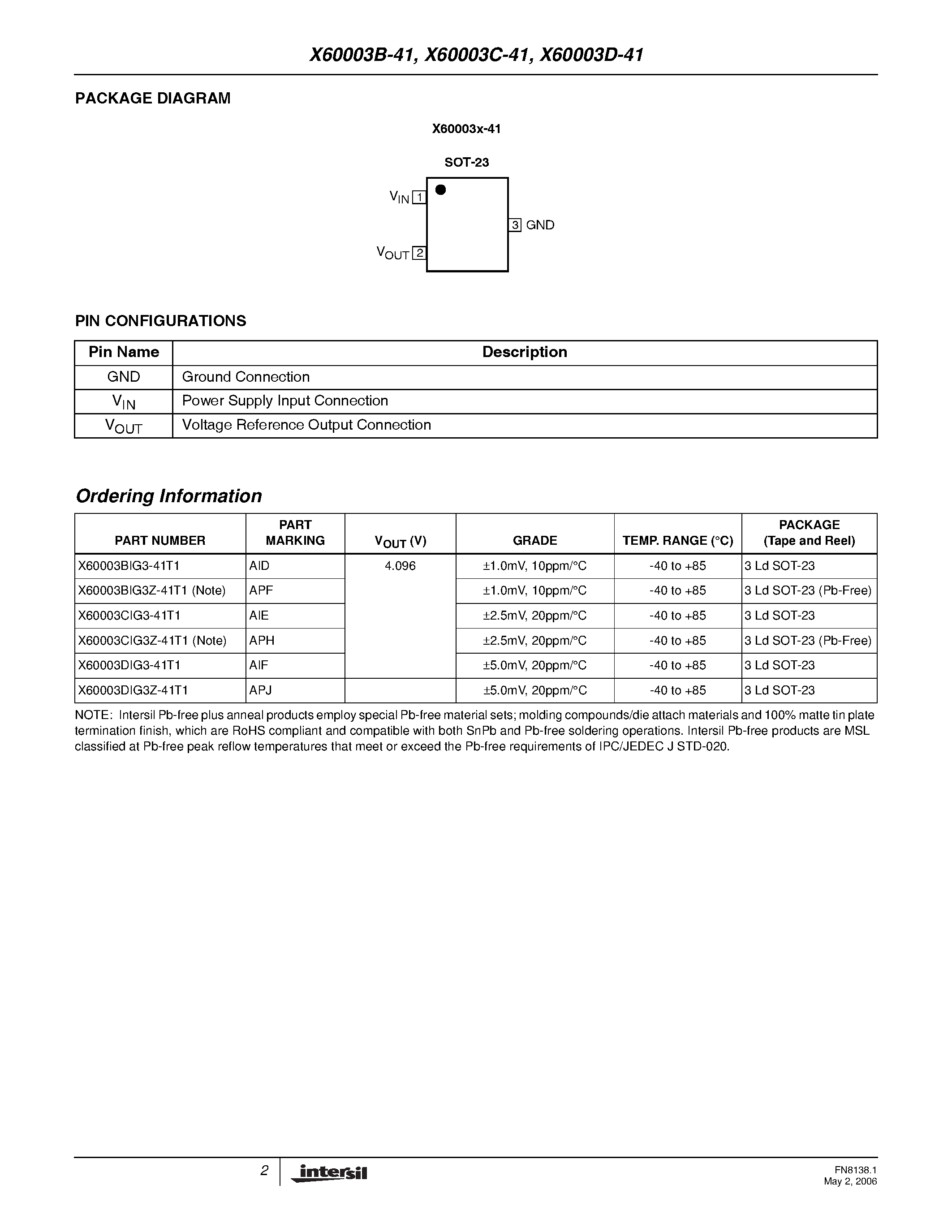 Даташит X60003B-41 - (X60003x-41) Precision 4.096V SOT-23 FGA Voltage References страница 2