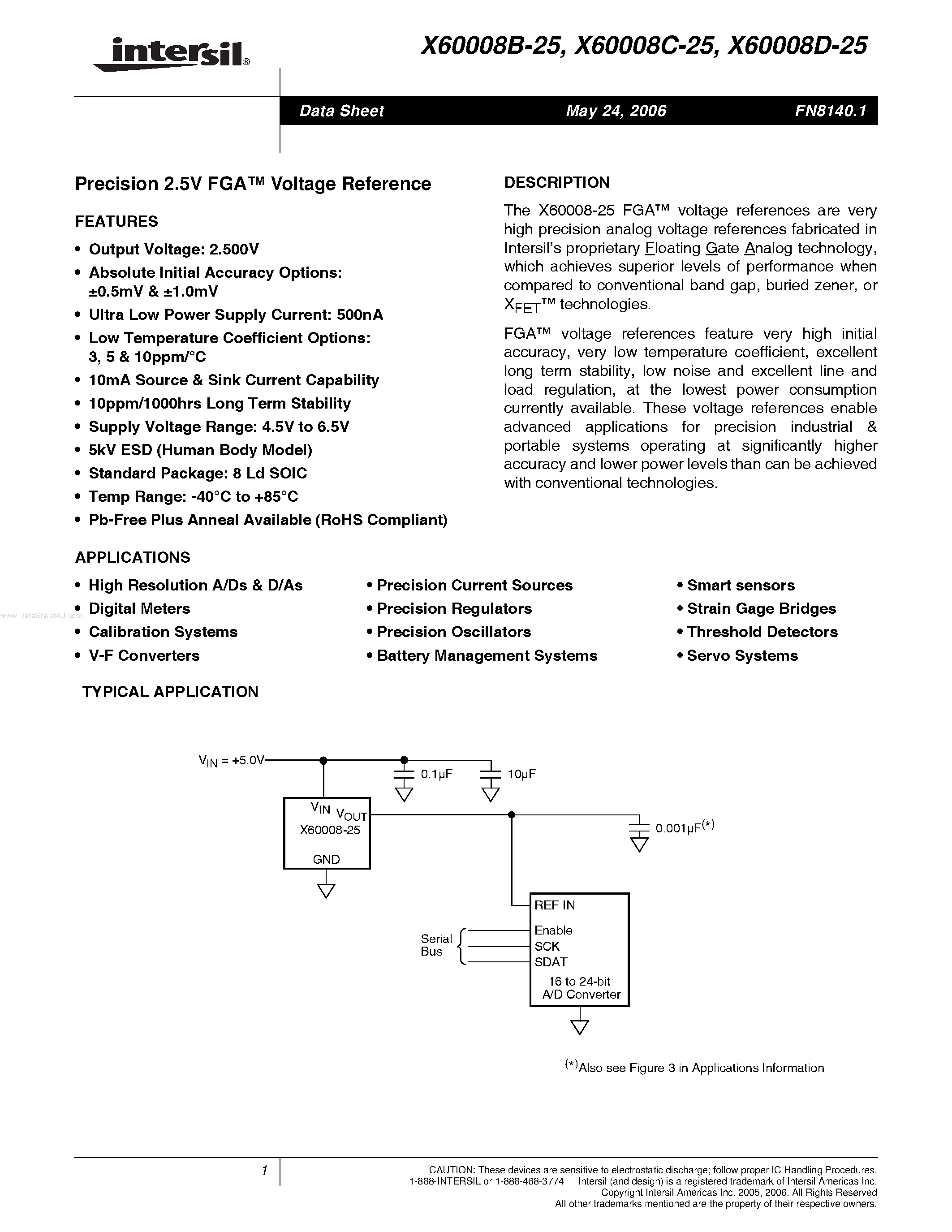 Datasheet X60008B-25 page 1 Datasheet X60008B-25 - (X60008x-25) Precision 2.5V FGA Voltage Reference page 1