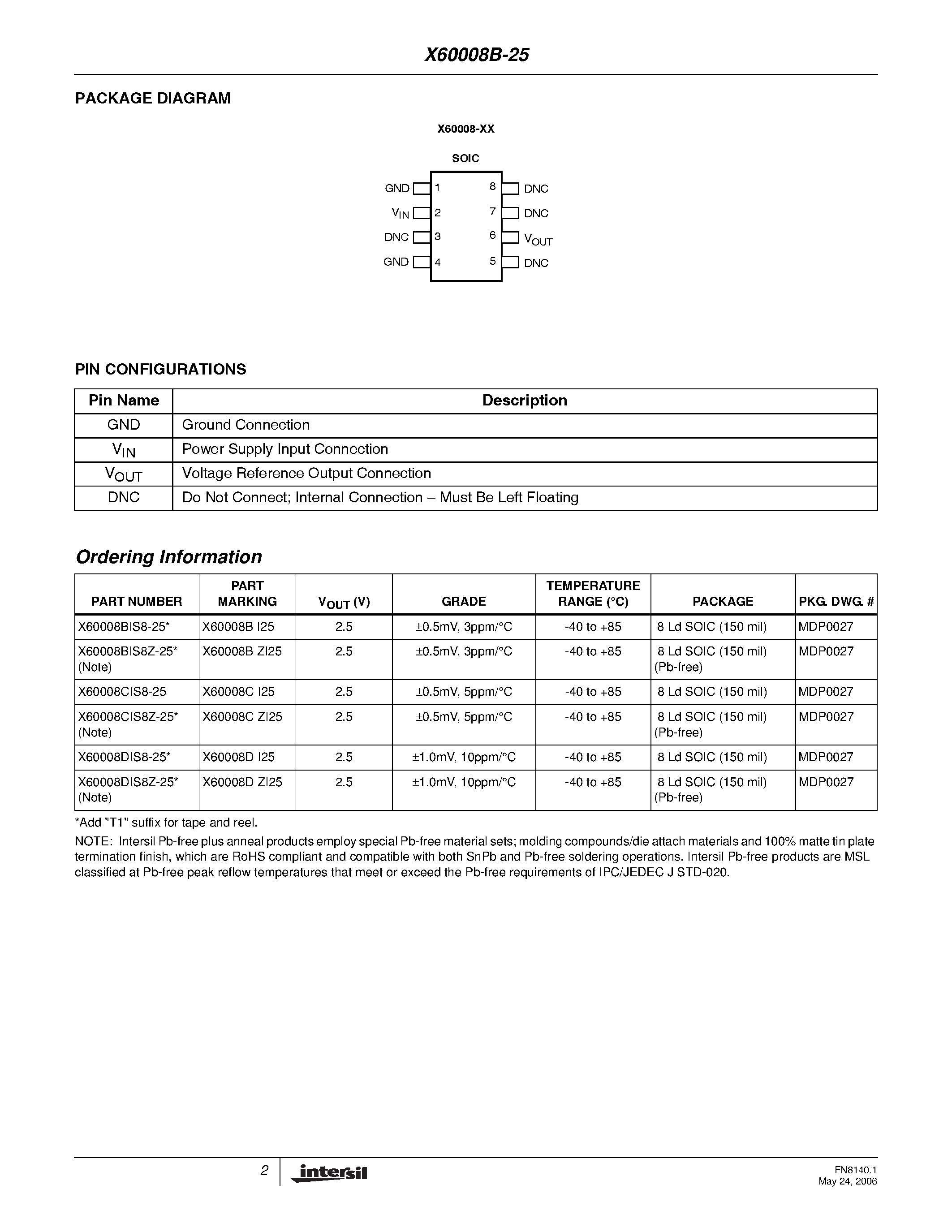 Datasheet X60008B-25 page 2 Datasheet X60008B-25 - (X60008x-25) Precision 2.5V FGA Voltage Reference page 2