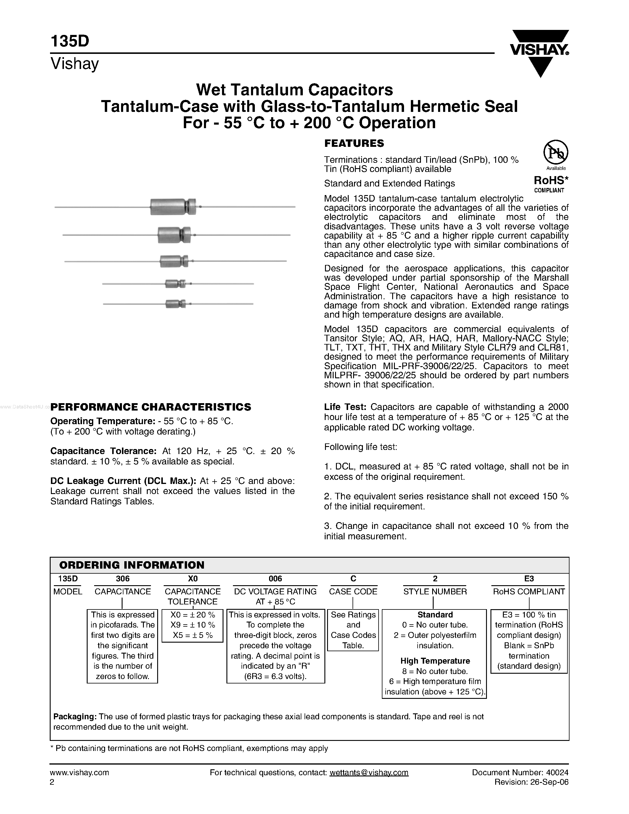 Datasheet 135D - Wet Tantalum Capacitors Tantalum-Case page 1