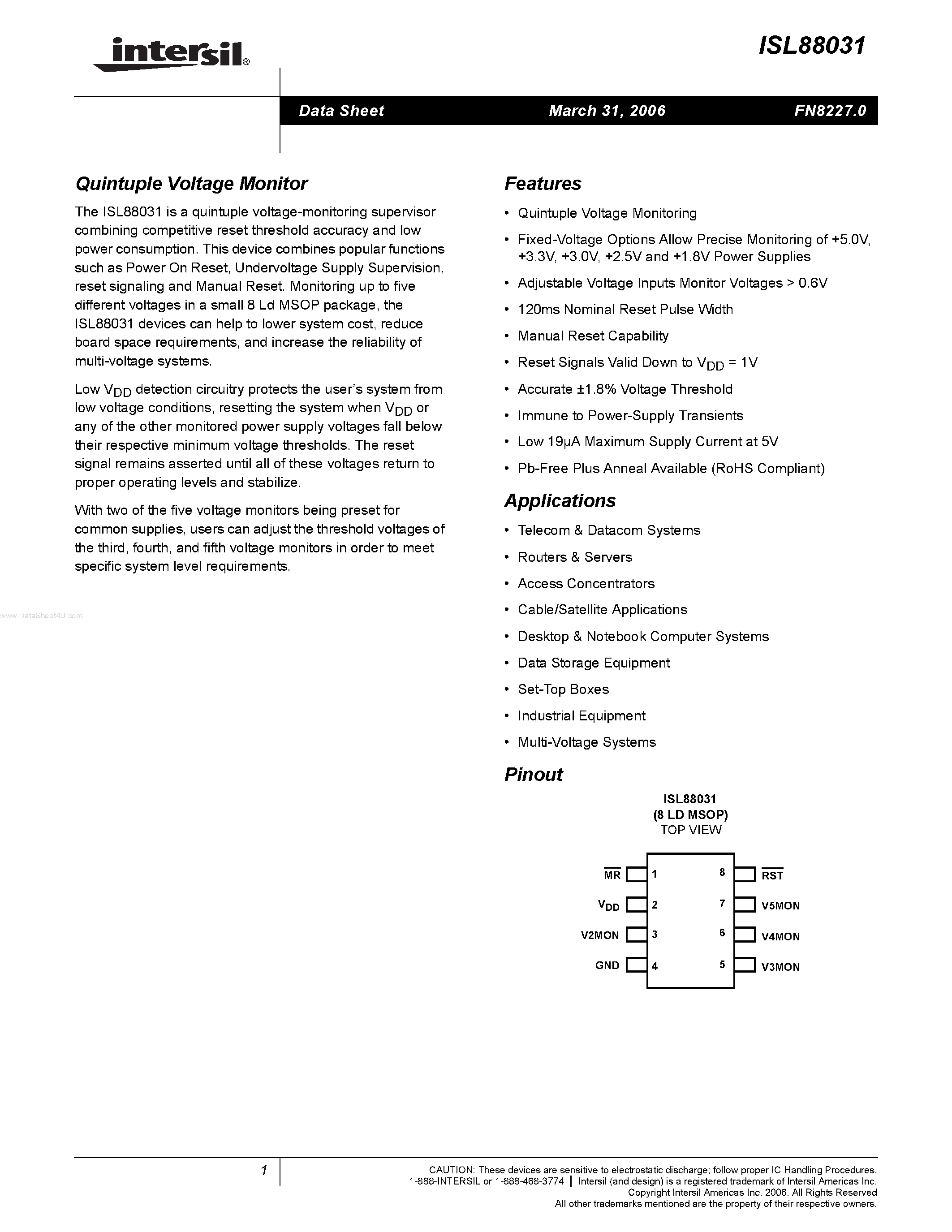 Datasheet ISL88031 page 1 Datasheet ISL88031 - Quintuple Voltage Monitor page 1