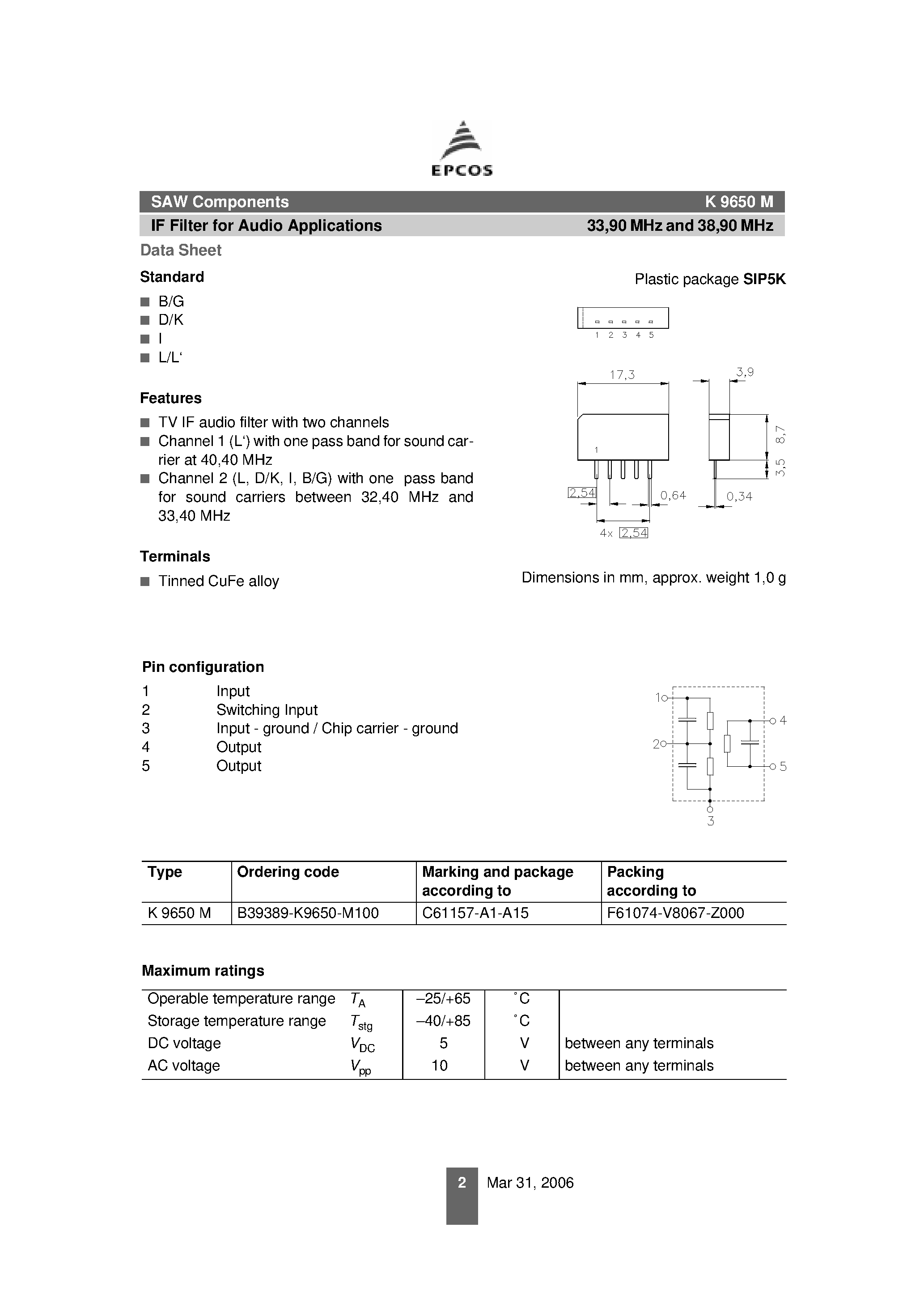 Даташит на микросхему K9650M страница 2 Даташит K9650M - IF Filter страница 2
