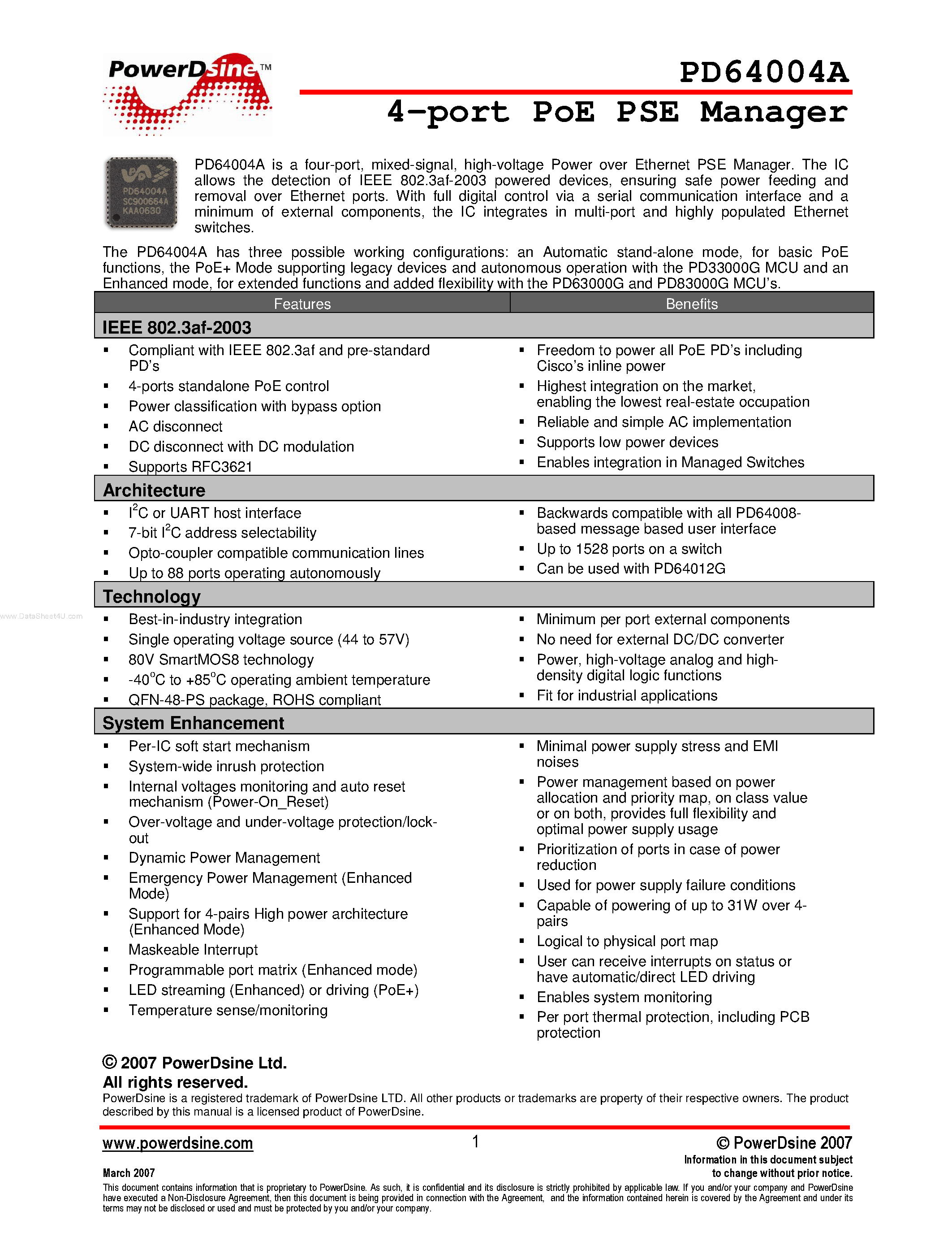 Datasheet PD64004A page 1 Datasheet PD64004A - 4-port PoE PSE Manager page 1