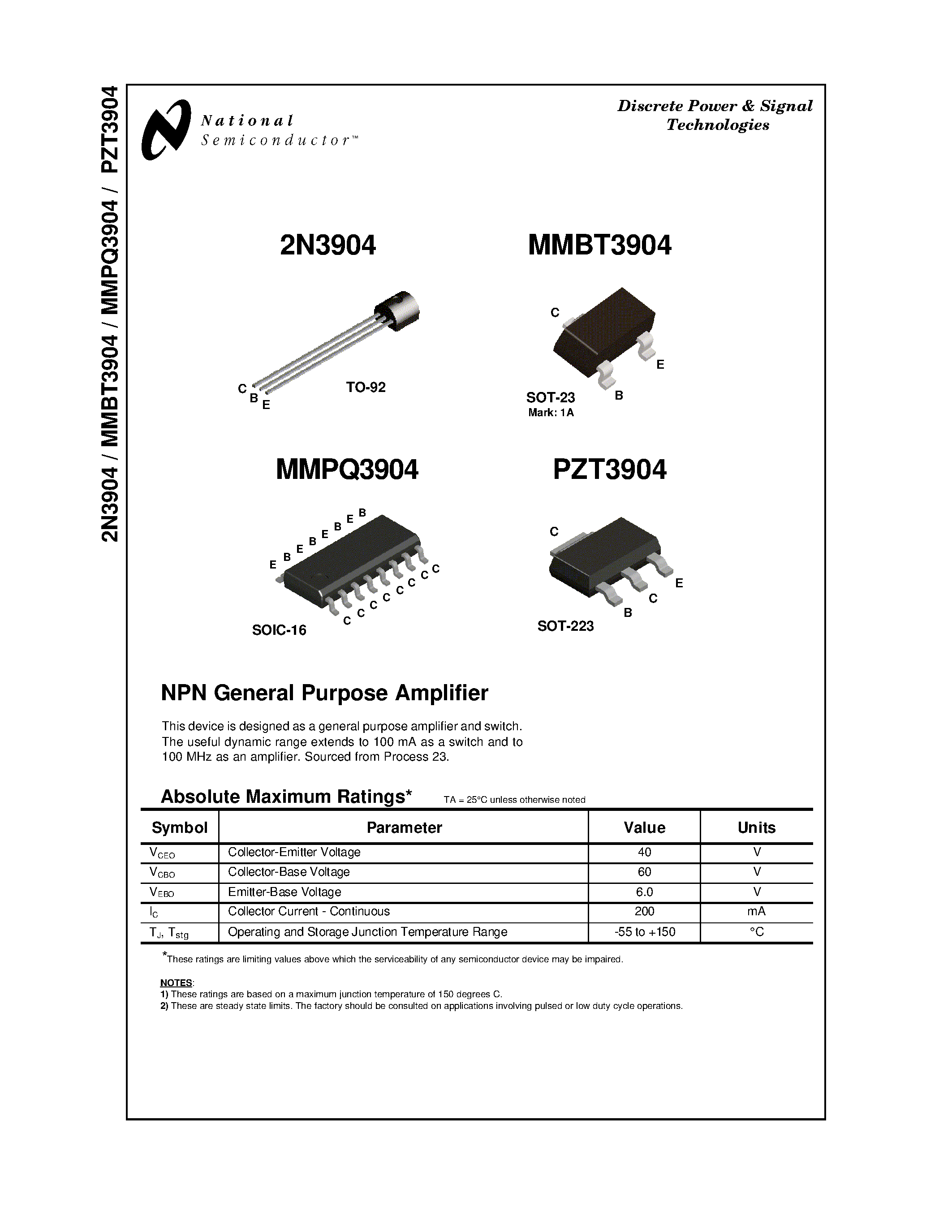 Даташит PZT3904 - NPN General Purpose Amplifier страница 1