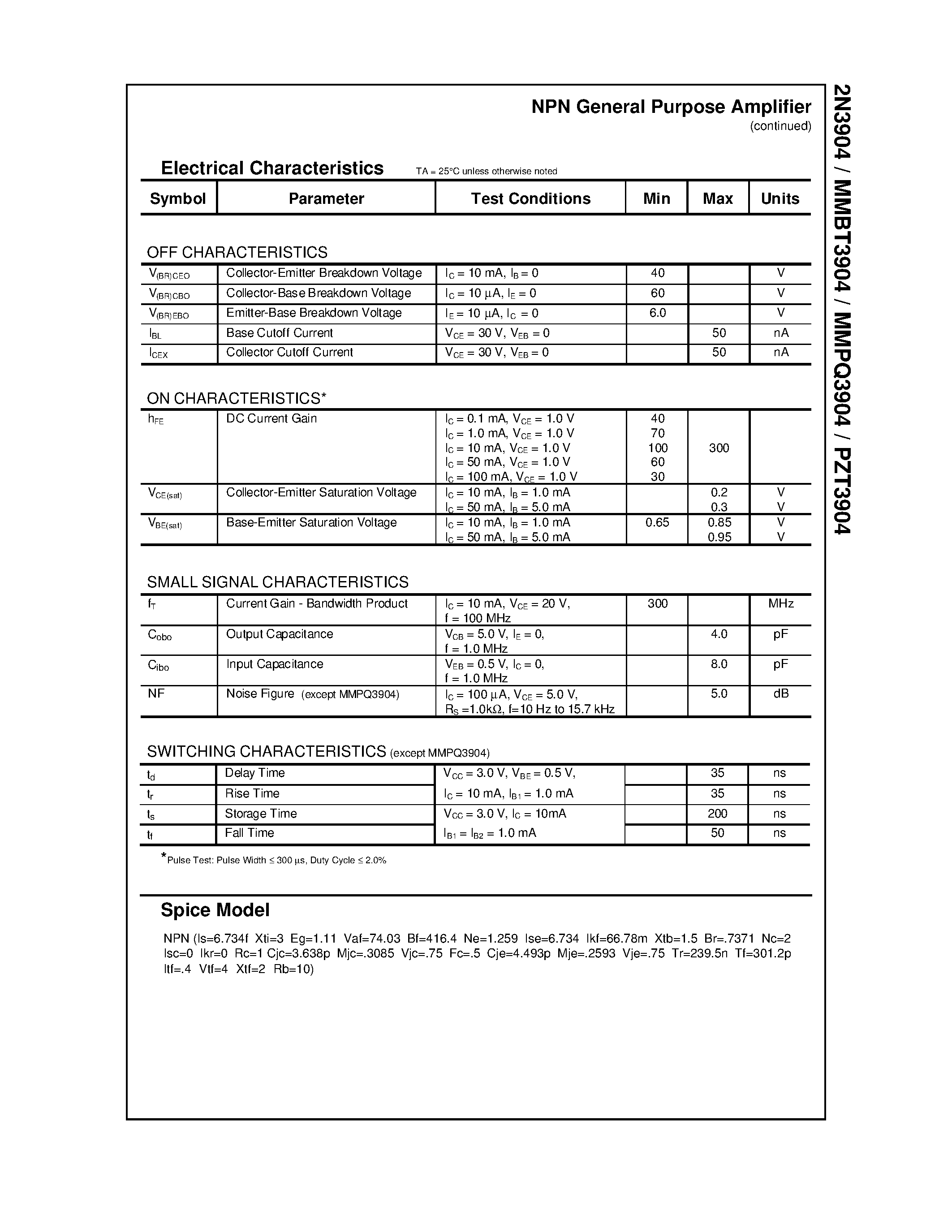Datasheet PZT3904 - NPN General Purpose Amplifier page 2
