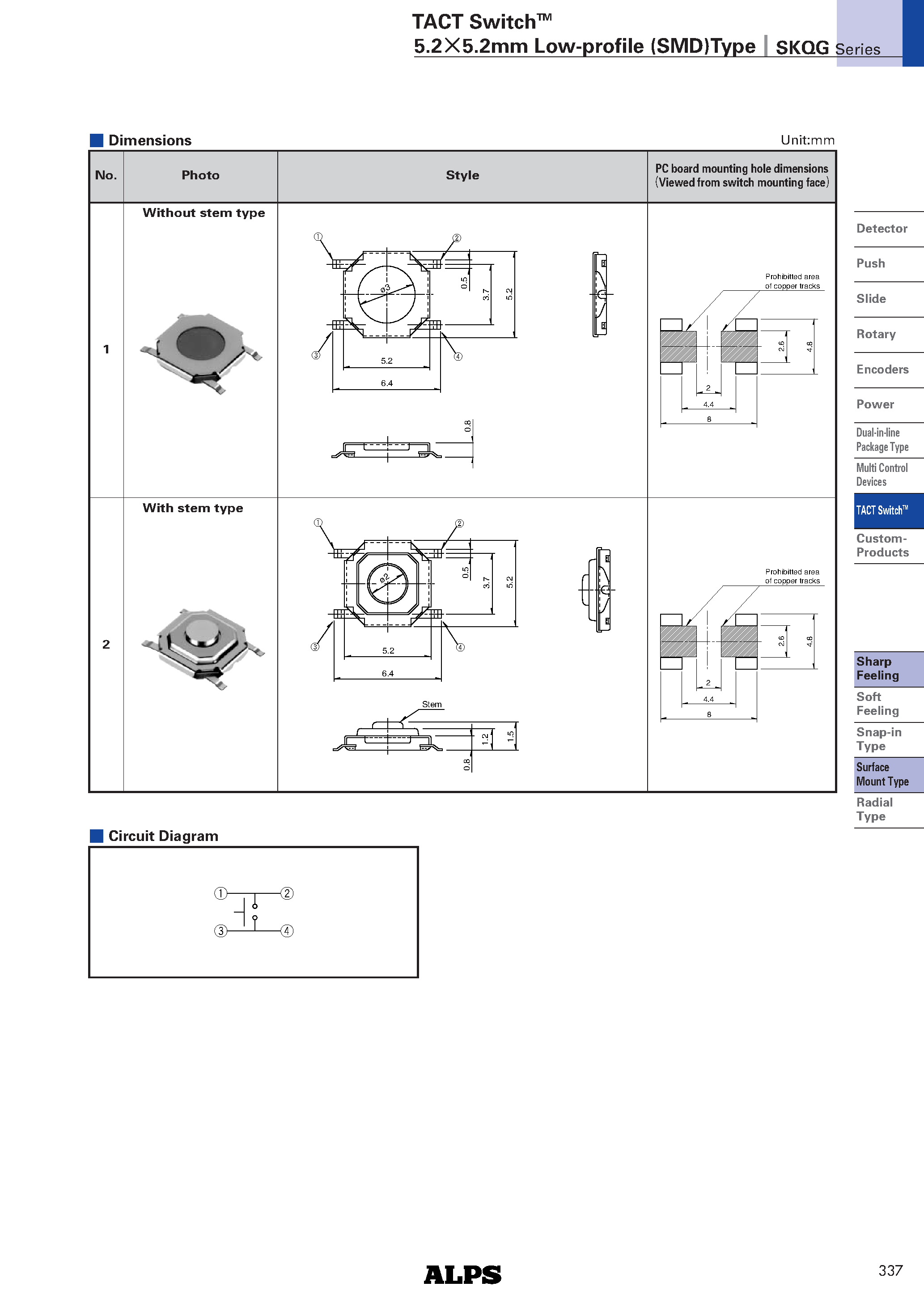 Datasheet SKQG page 2 Datasheet SKQG - TACT SwitchTM 5.2X5.2mm Low-profile (SMD)Type page 2