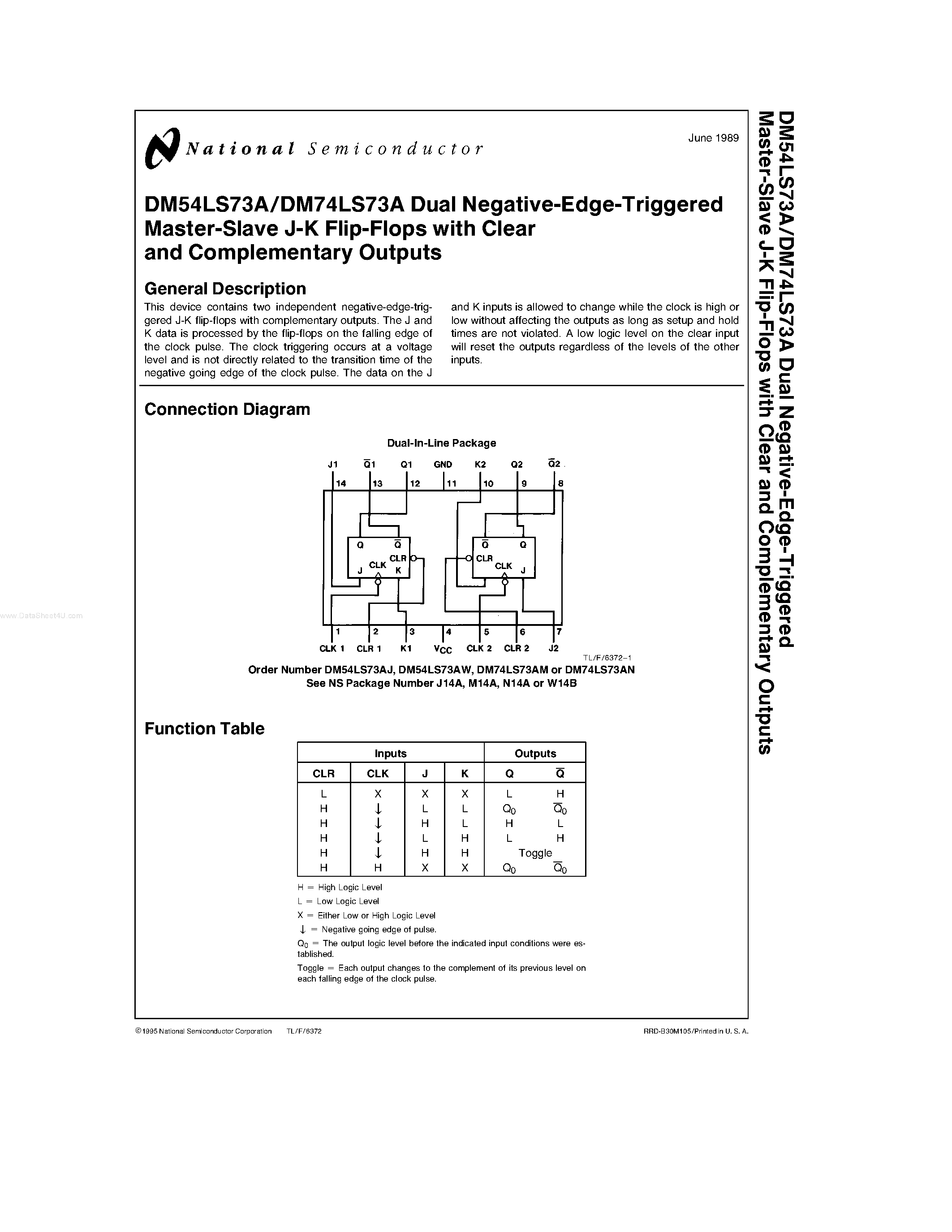 Datasheet DM54LS73A page 1 Datasheet DM54LS73A - Dual Negative-Edge-Triggered Master-Slave J-K Flip-Flops page 1