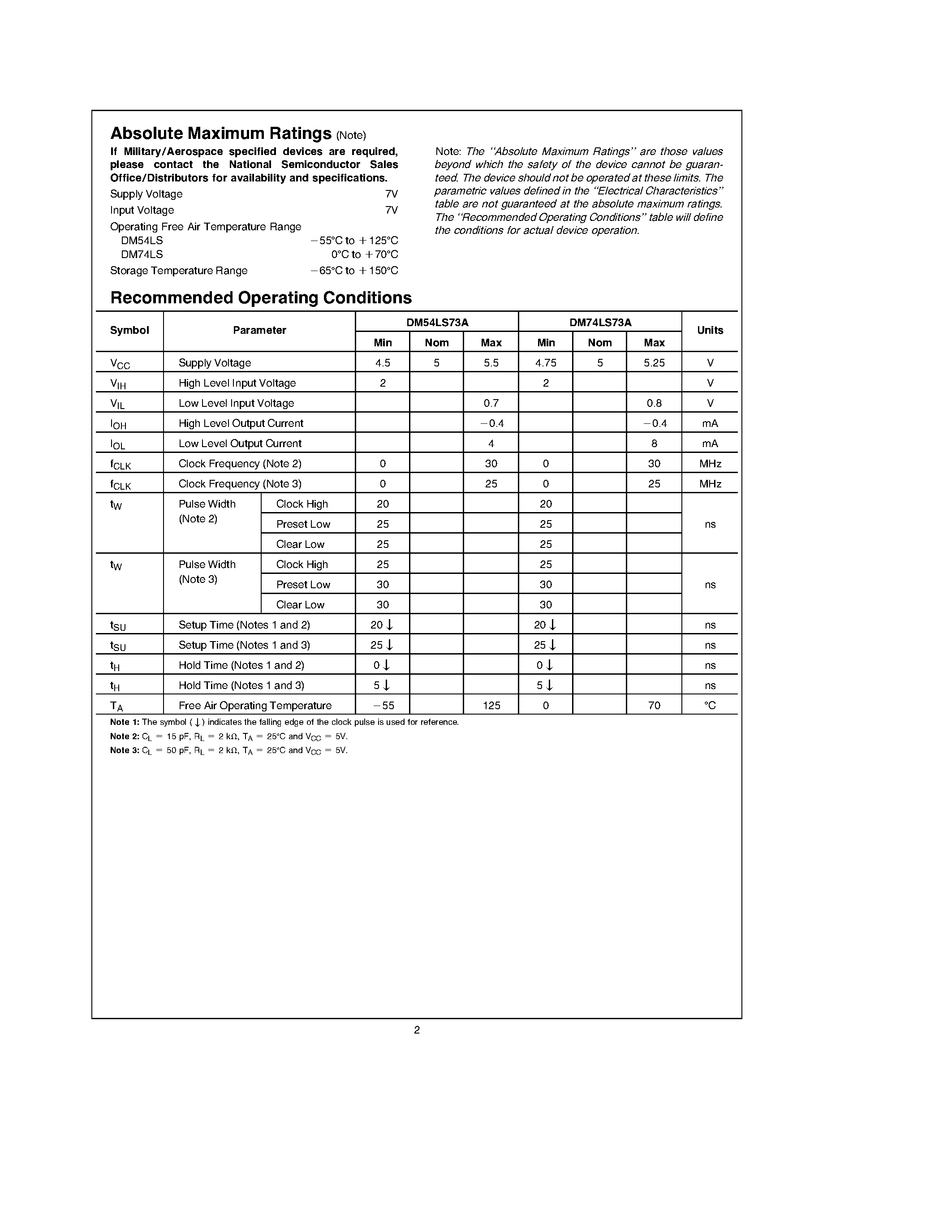 Datasheet DM54LS73A page 2 Datasheet DM54LS73A - Dual Negative-Edge-Triggered Master-Slave J-K Flip-Flops page 2