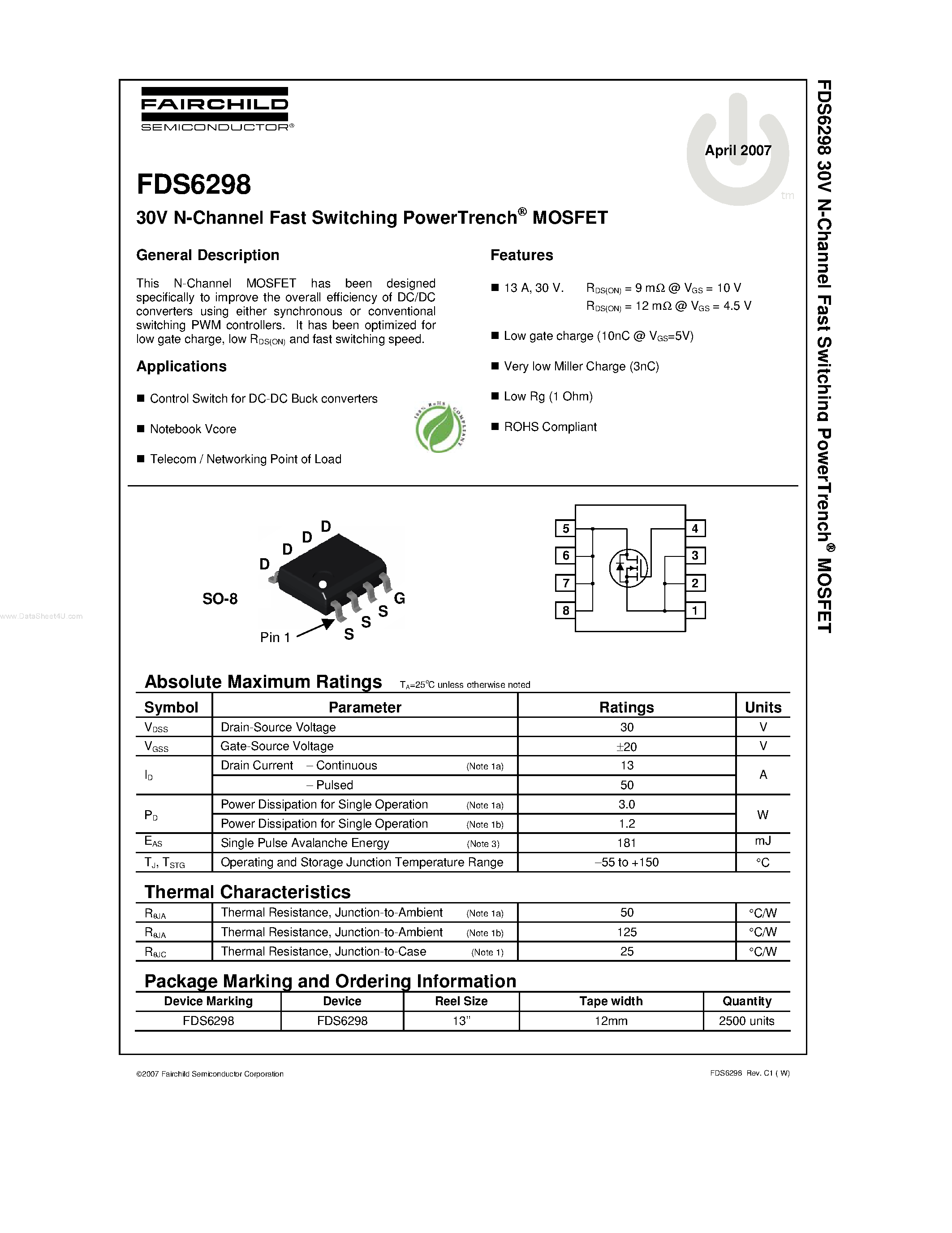 Даташит на микросхему FDS6298 страница 1 Даташит FDS6298 - 30V N-Channel Fast Switching PowerTrench MOSFET страница 1