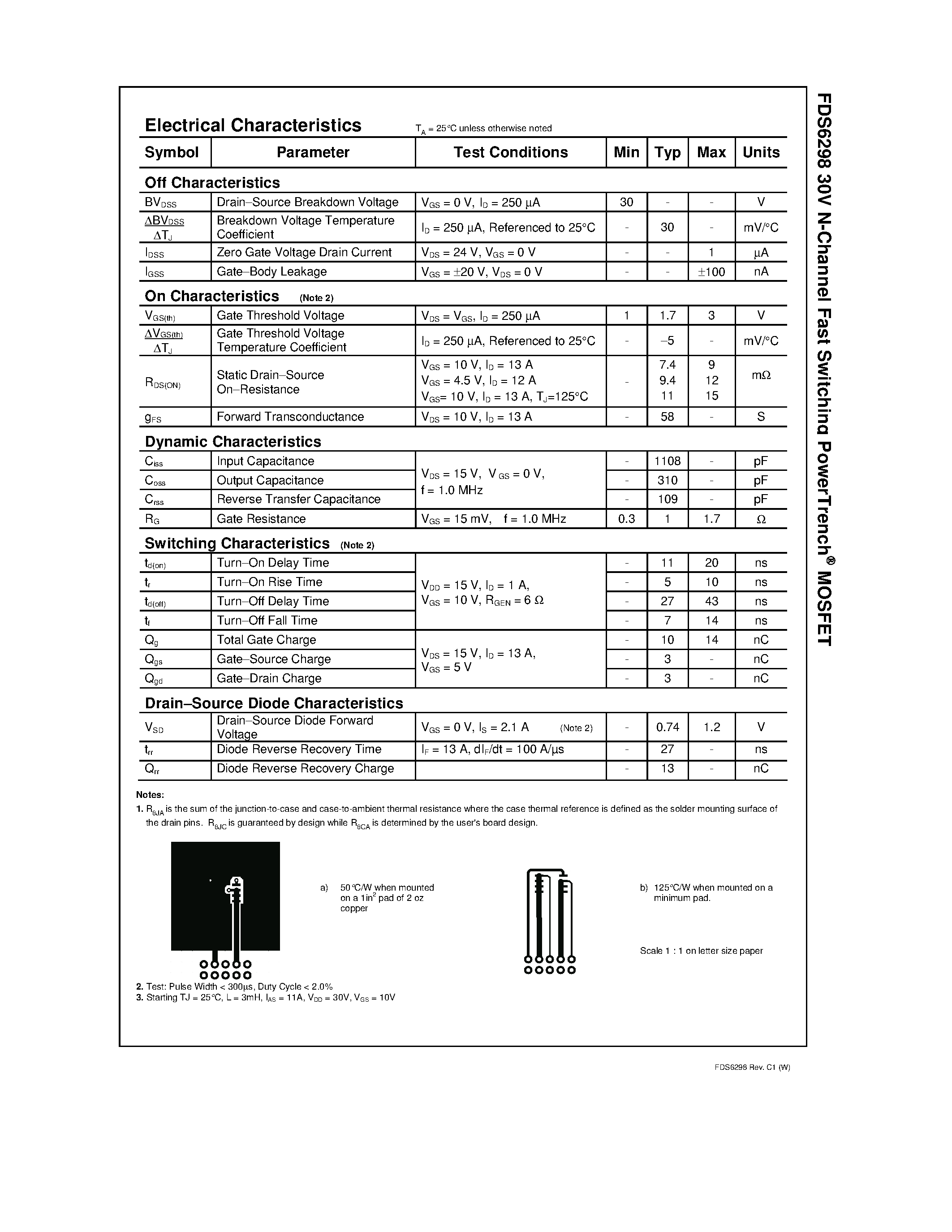 Даташит на микросхему FDS6298 страница 2 Даташит FDS6298 - 30V N-Channel Fast Switching PowerTrench MOSFET страница 2