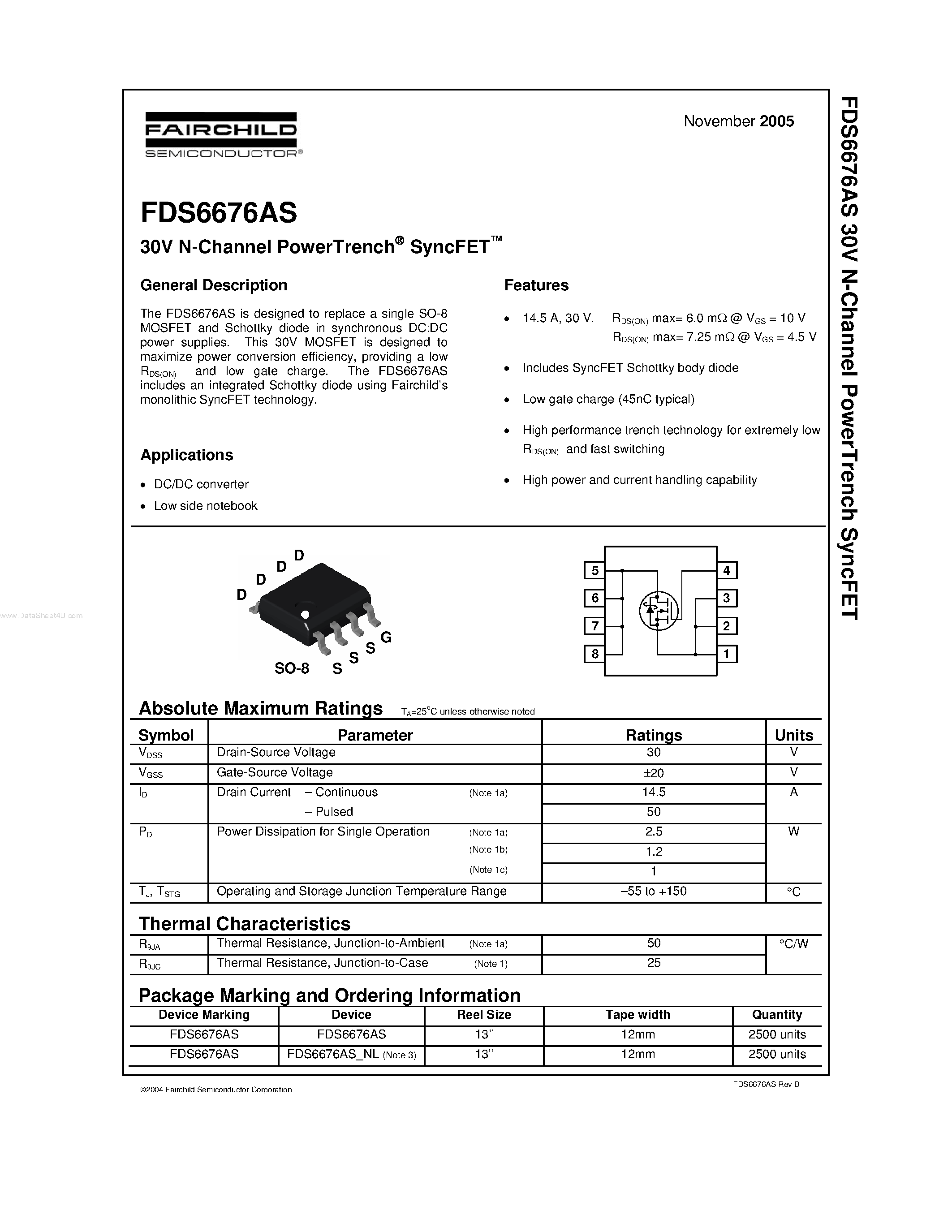 Даташит FDS6676AS - 30V N-Channel PowerTrench SyncFET страница 1