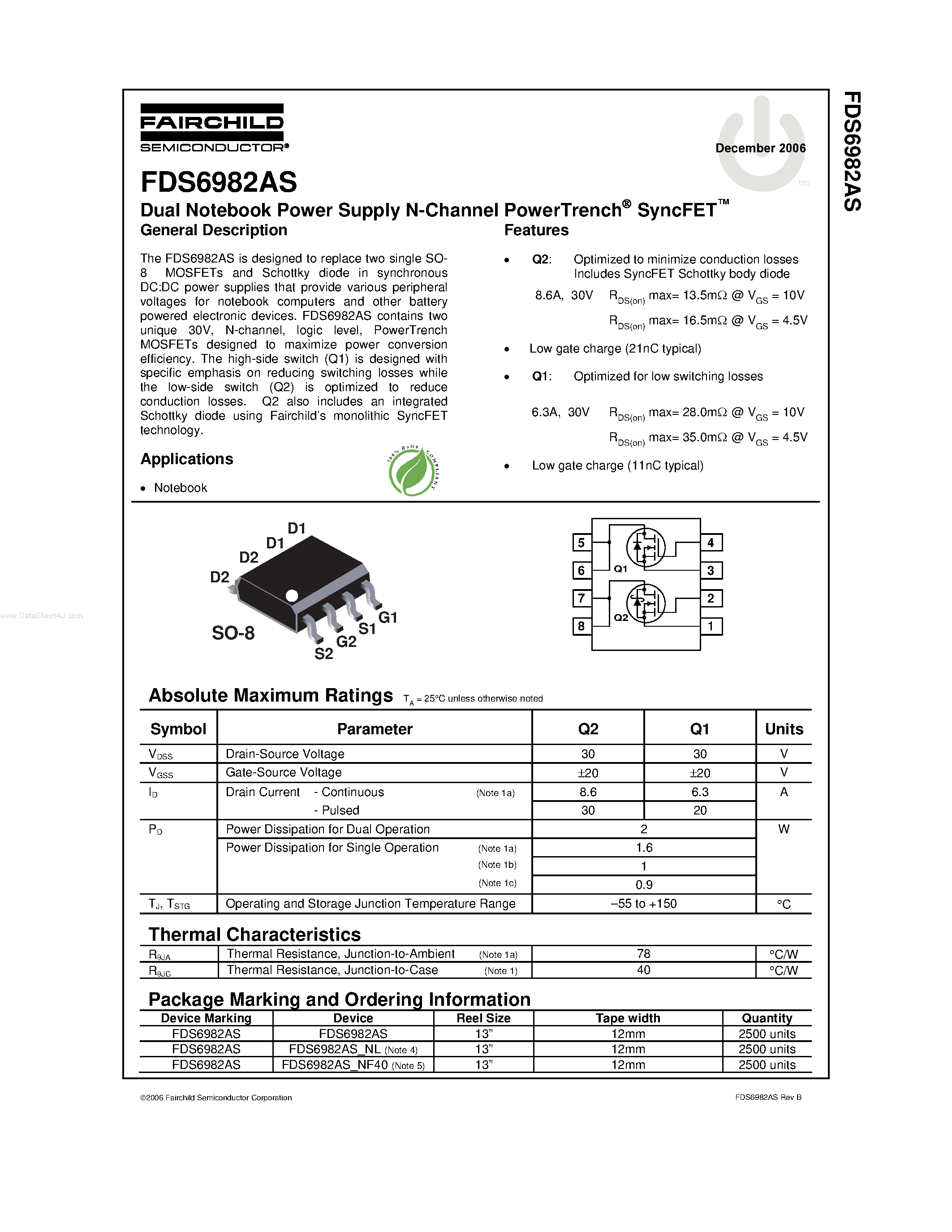 Даташит FDS6982AS - Dual Notebook Power Supply N-Channel PowerTrench SyncFET страница 1