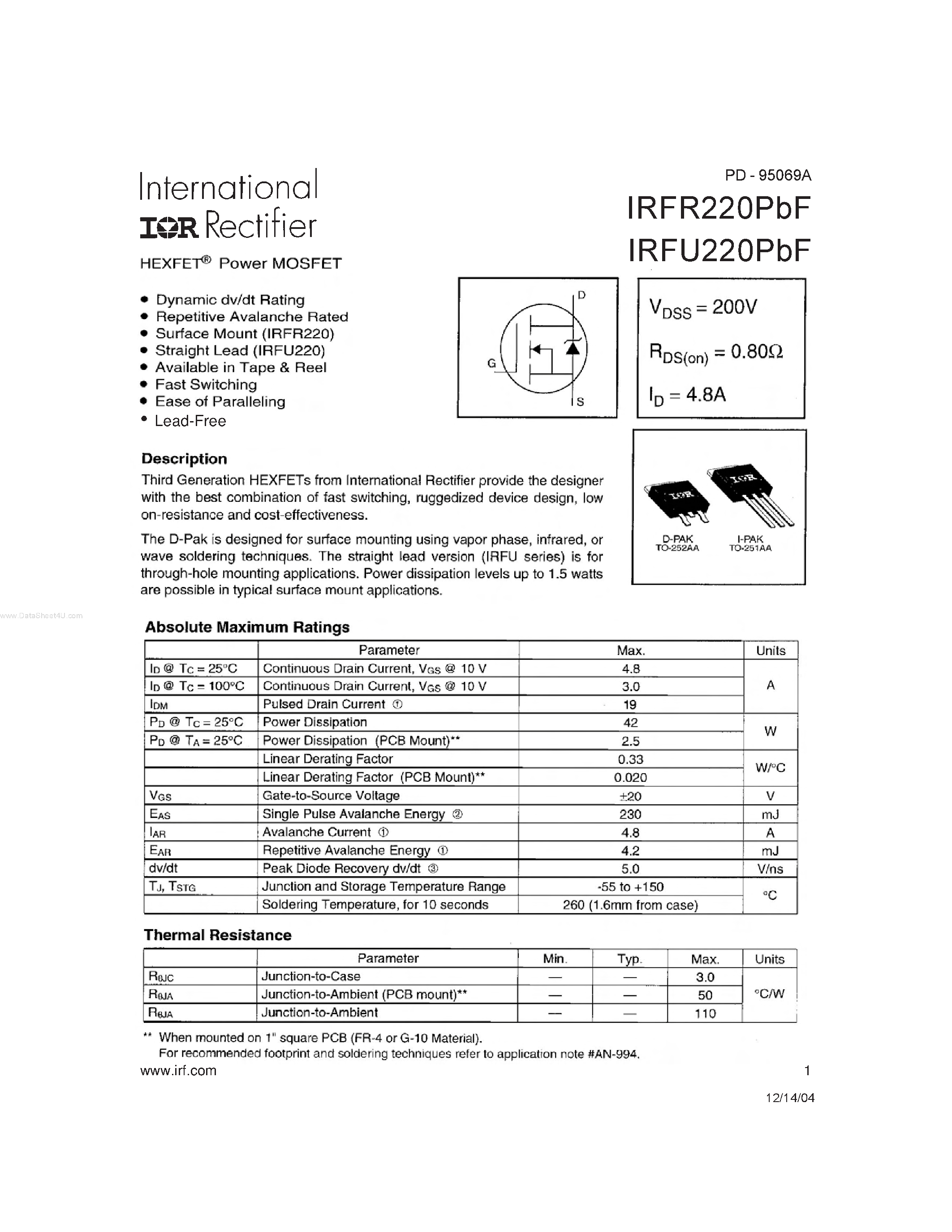 Datasheet IRFR220PBF - HEXFEP Power MOSFET page 1
