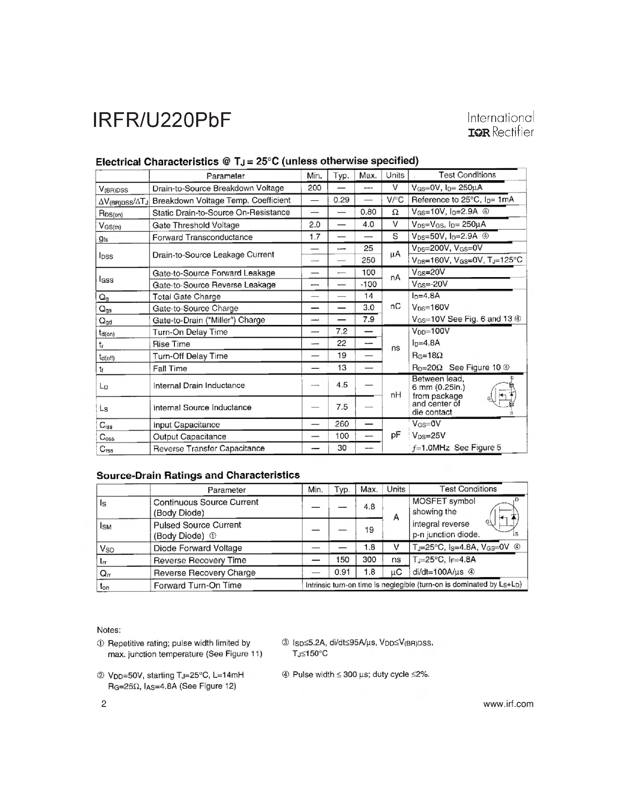 Datasheet IRFR220PBF - HEXFEP Power MOSFET page 2