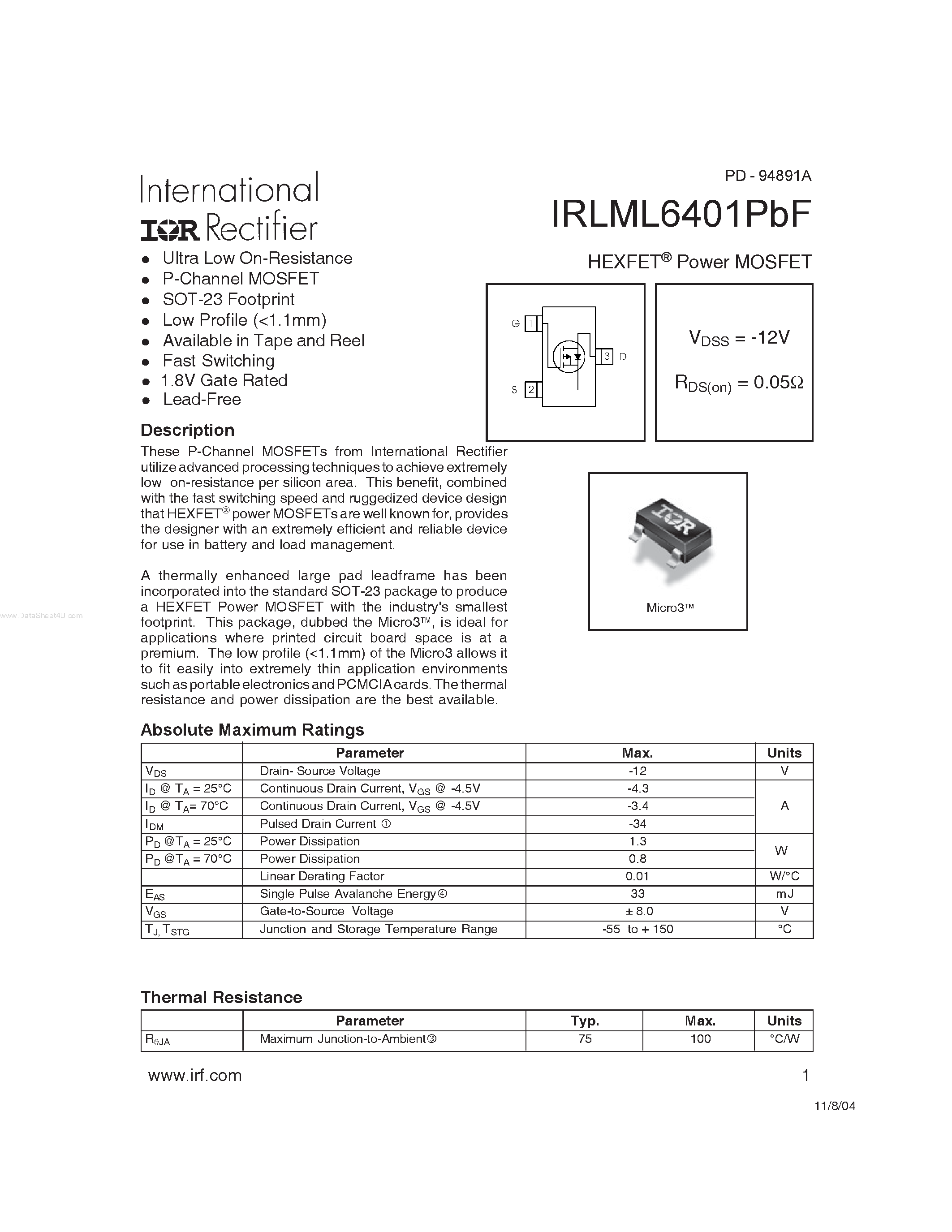 Даташит IRLML6401PBF - HEXFET Power MOSFET страница 1