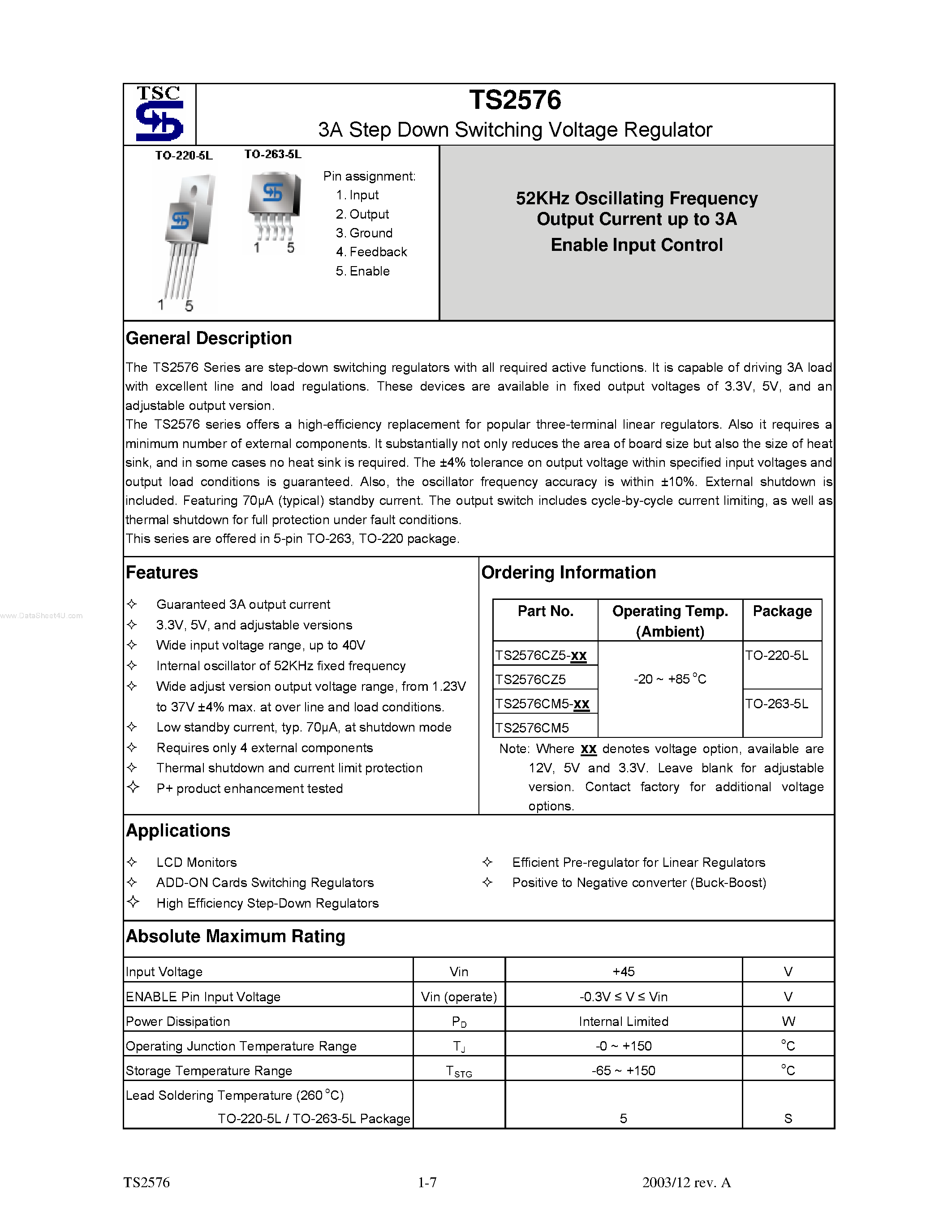 Datasheet TS2576 page 1 Datasheet TS2576 - 3A Step Down Switching Voltage Regulator page 1