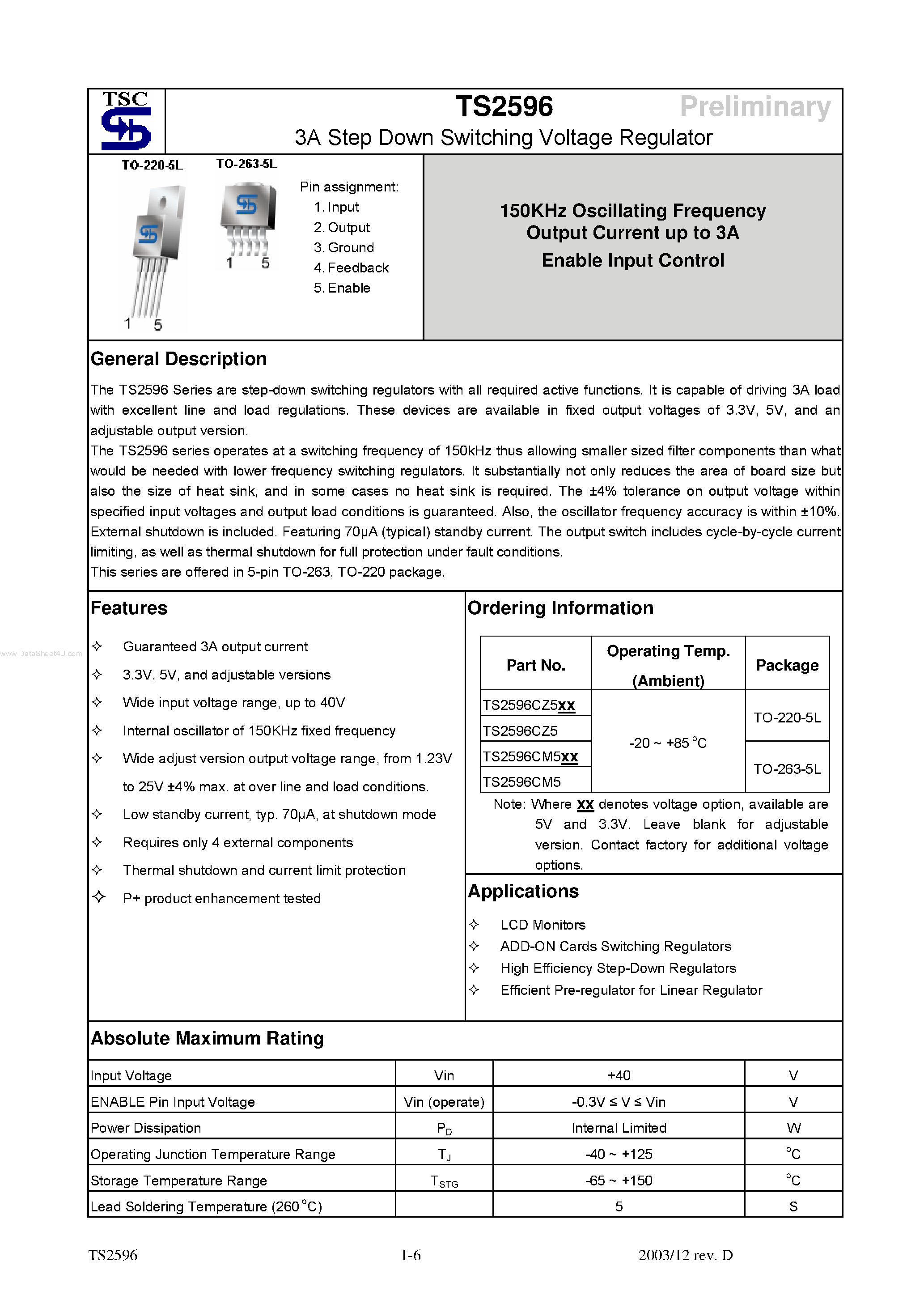 Даташит на микросхему TS2596 страница 1 Даташит TS2596 - 3A Step Down Switching Voltage Regulator страница 1