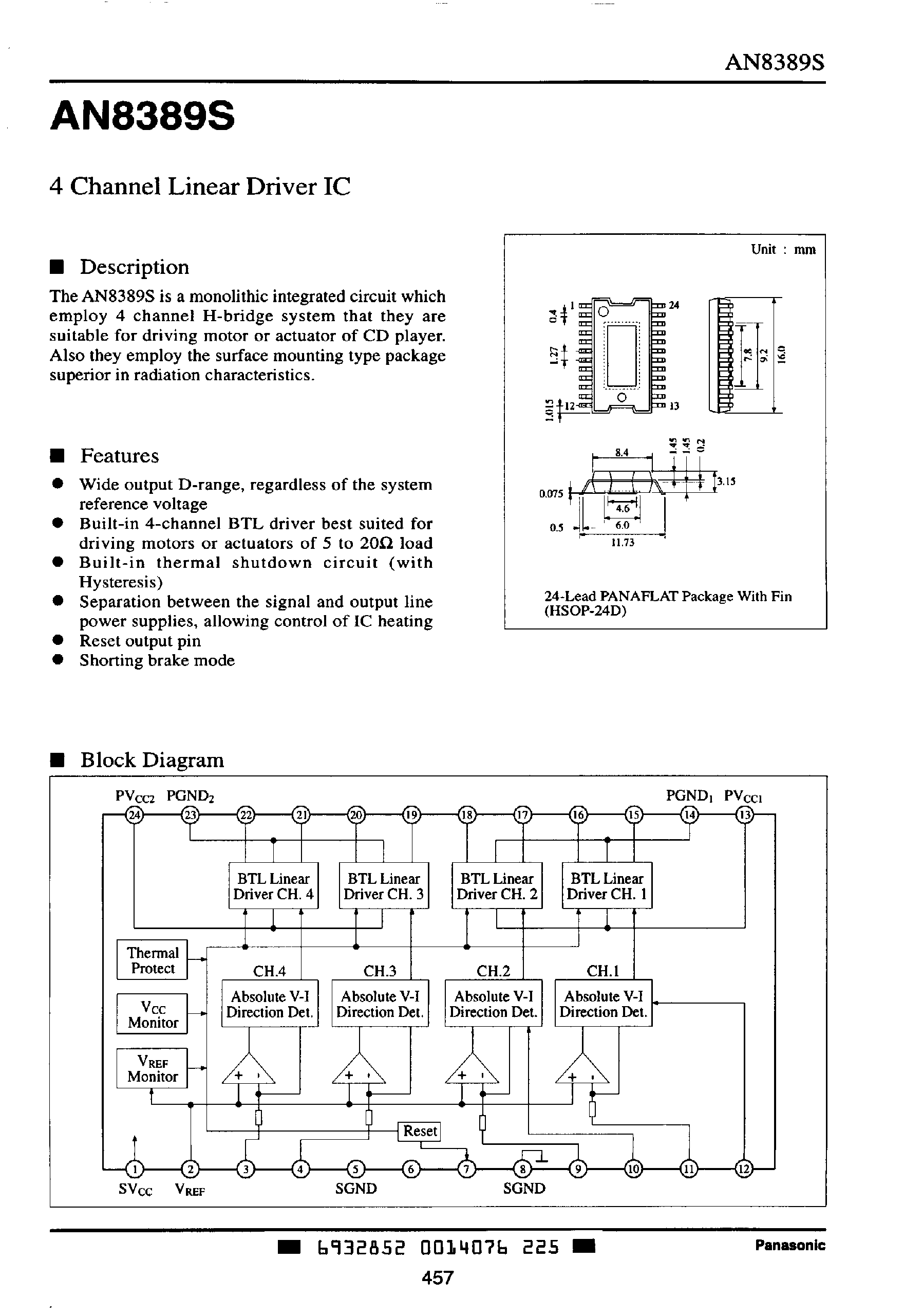 Даташит на микросхему AN8389S страница 1 Даташит AN8389S - 4 Channel Linear Driver IC страница 1