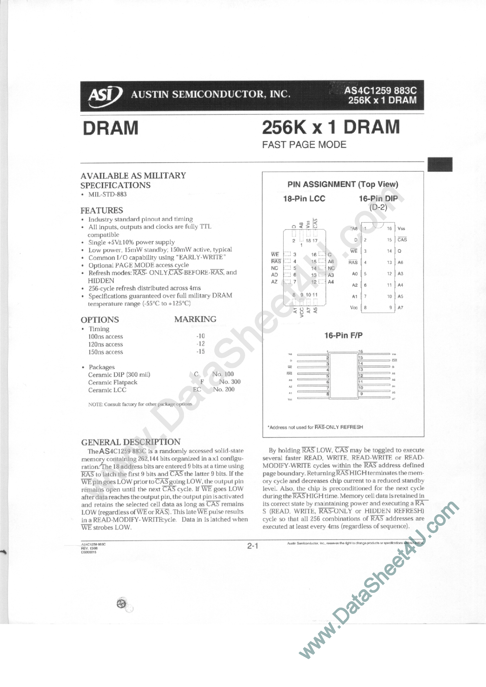 Даташит на микросхему AS4C1259883C страница 1 Даташит AS4C1259883C - 256K x 1 DRAM страница 1