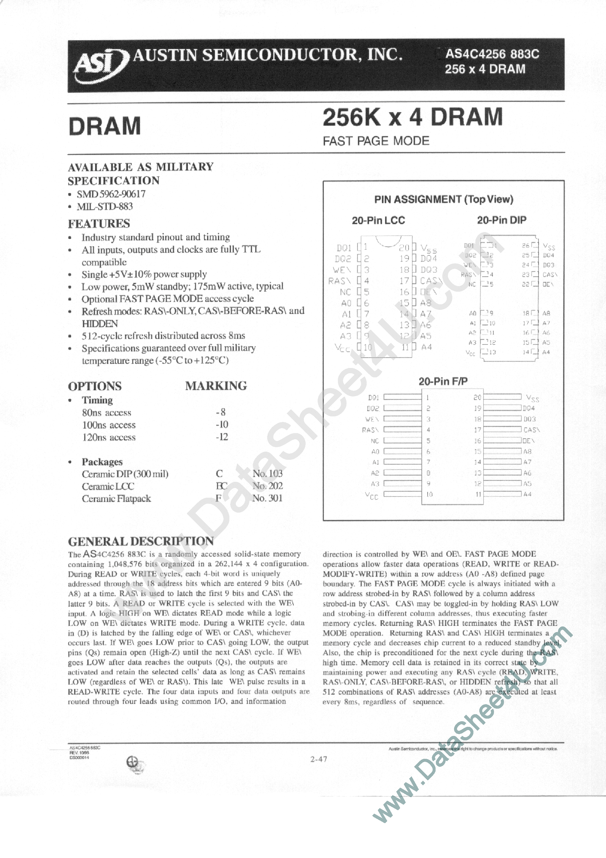 Datasheet AS4C4256 page 1 Datasheet AS4C4256 - 256K x 4 DRAM page 1