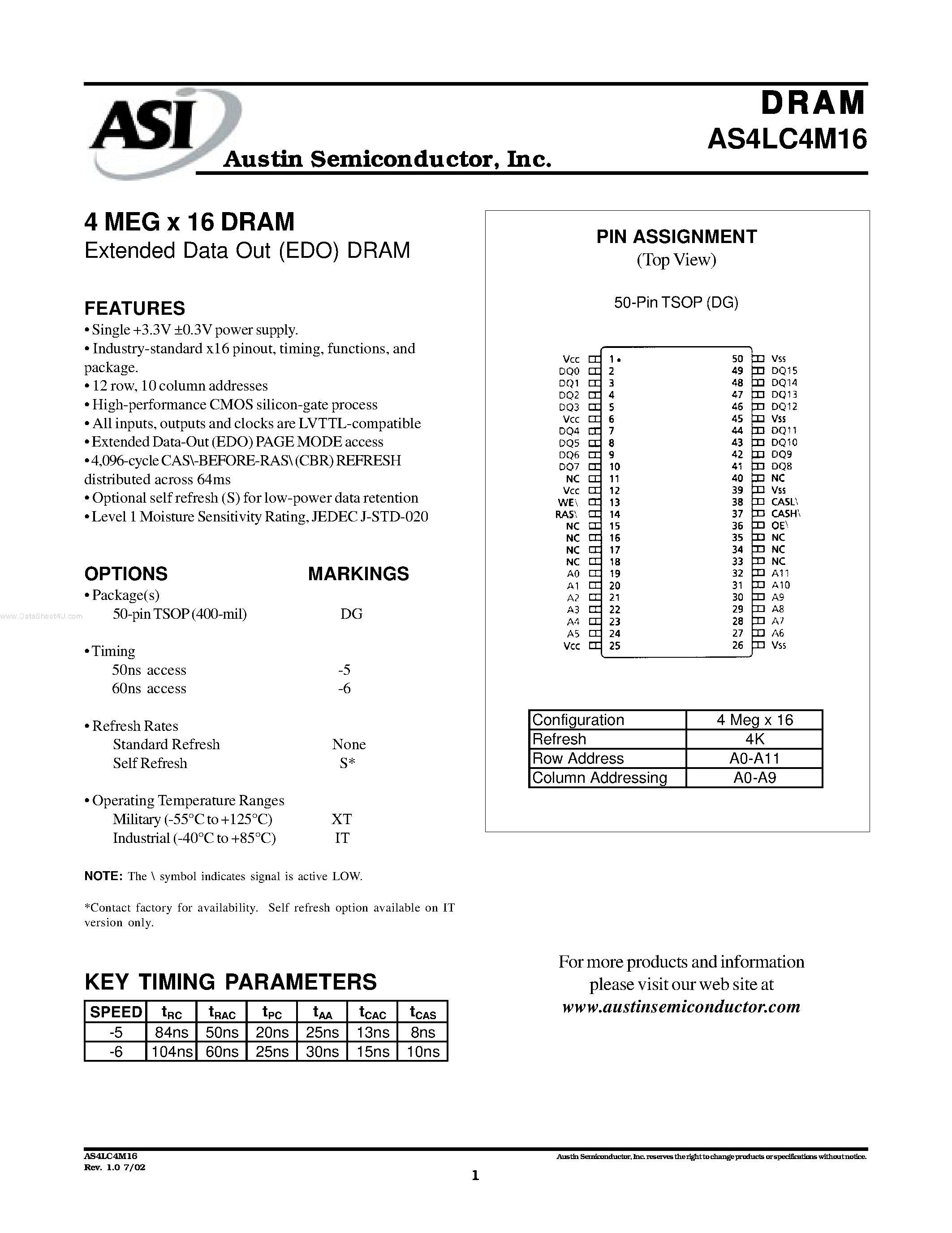 Datasheet AS4LC4M16 - 4 MEG x 16 DRAM page 1