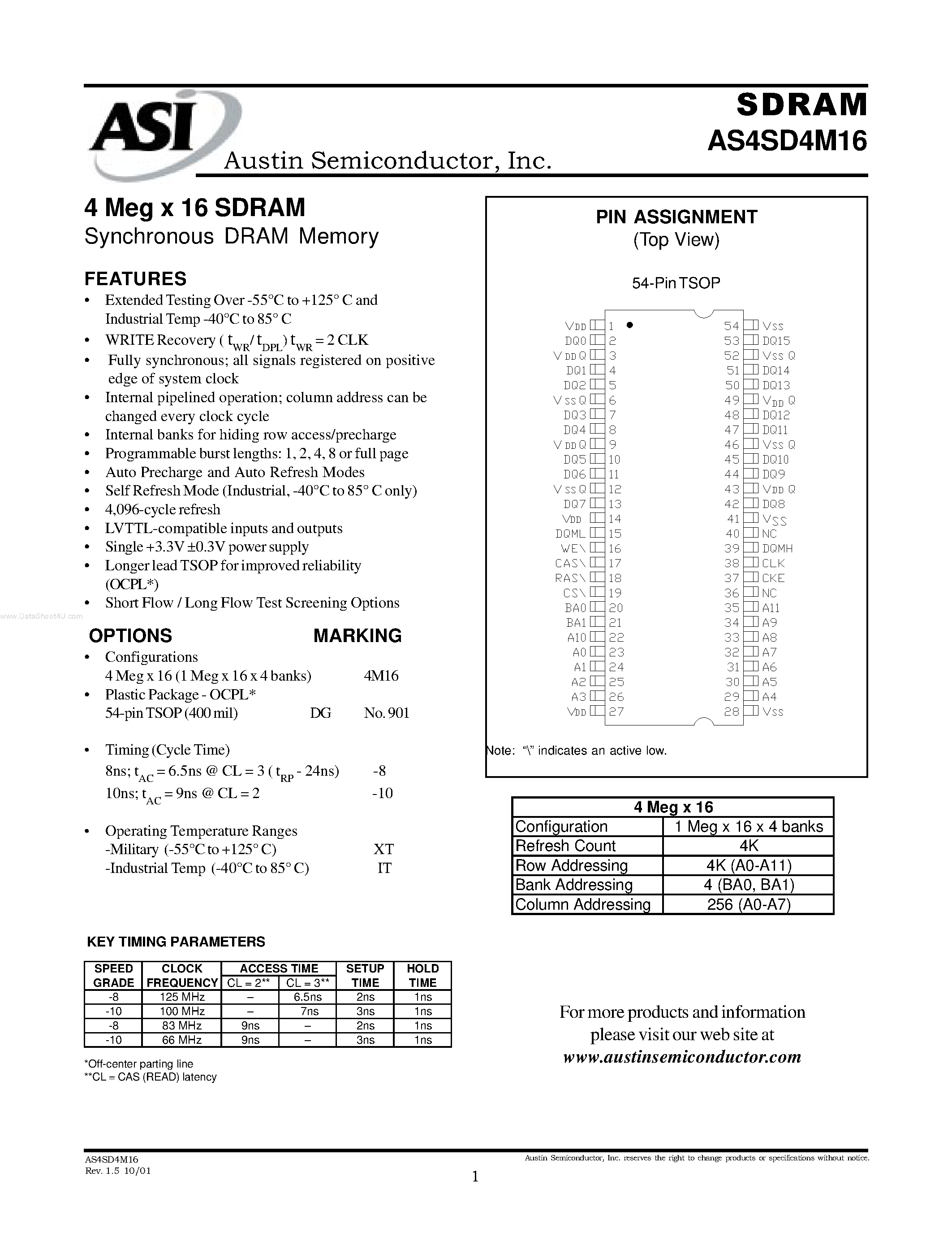Datasheet AS4SD4M16 page 1 Datasheet AS4SD4M16 - 4 Meg x 16 SDRAM Synchronous DRAM Memory page 1