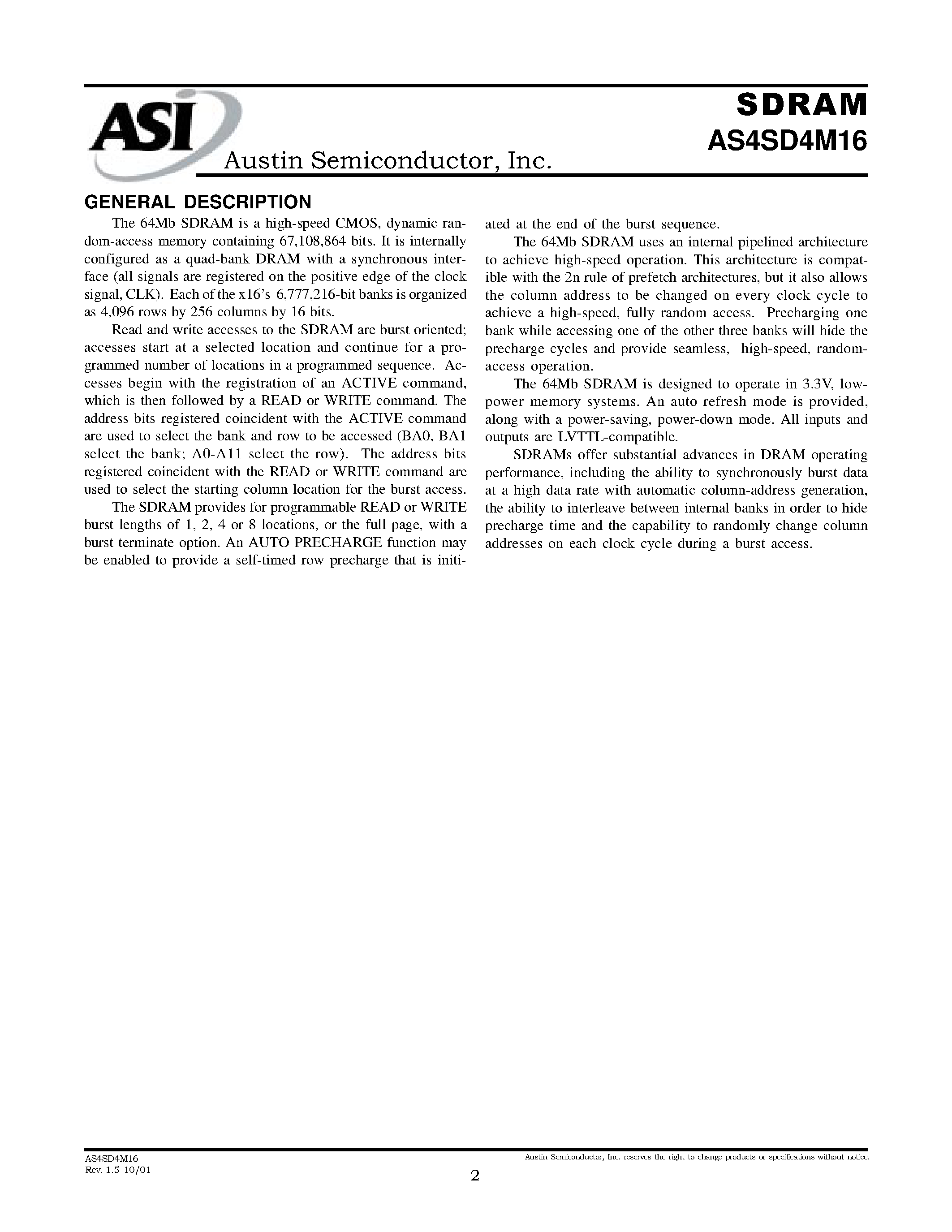 Datasheet AS4SD4M16 page 2 Datasheet AS4SD4M16 - 4 Meg x 16 SDRAM Synchronous DRAM Memory page 2