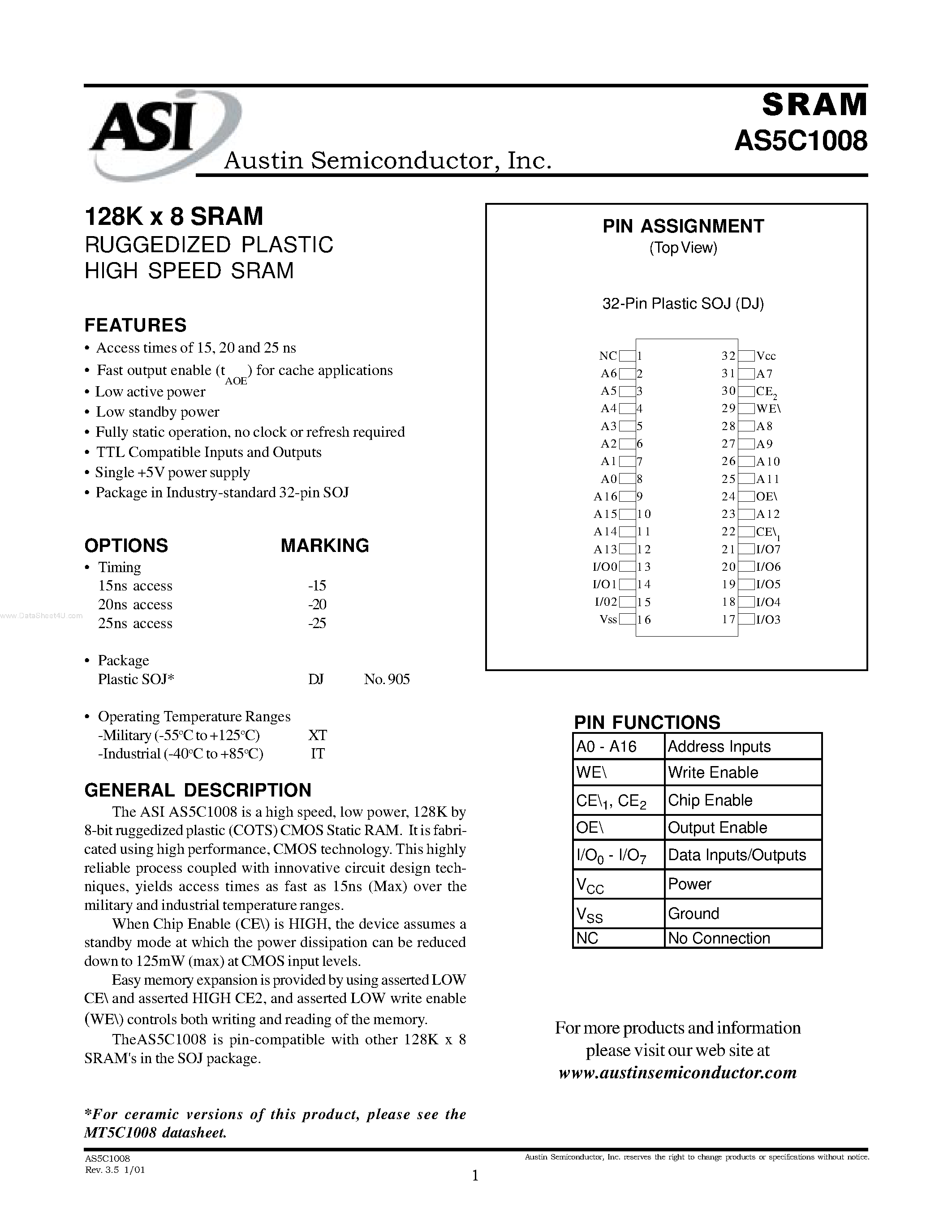 Даташит на микросхему AS5C1008 страница 1 Даташит AS5C1008 - 128K x 8 SRAM RUGGEDIZED PLASTIC HIGH SPEED SRAM страница 1