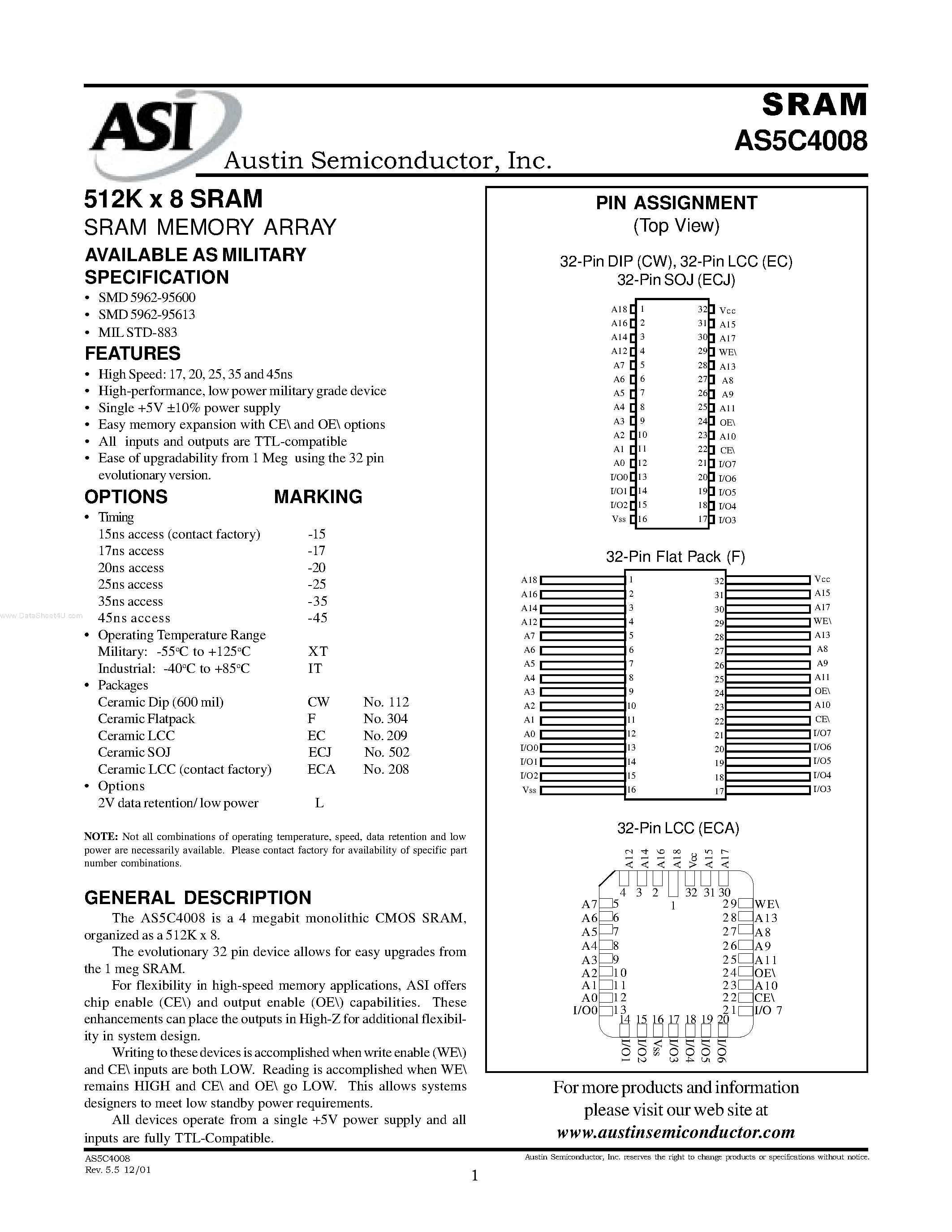 Даташит на микросхему AS5C4008 страница 1 Даташит AS5C4008 - 512K x 8 SRAM SRAM MEMORY ARRAY страница 1