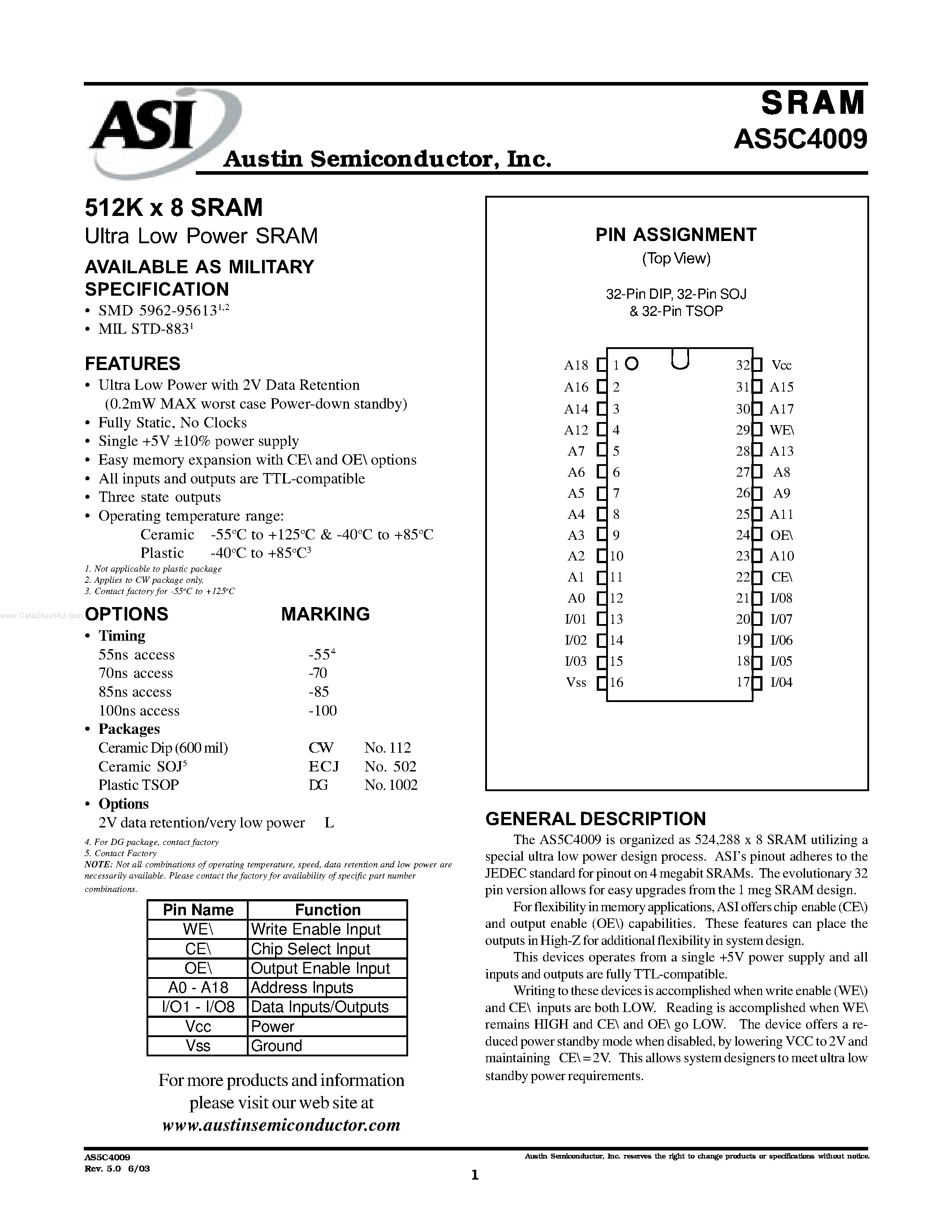 Даташит на микросхему AS5C4009 страница 1 Даташит AS5C4009 - 512K x 8 SRAM страница 1