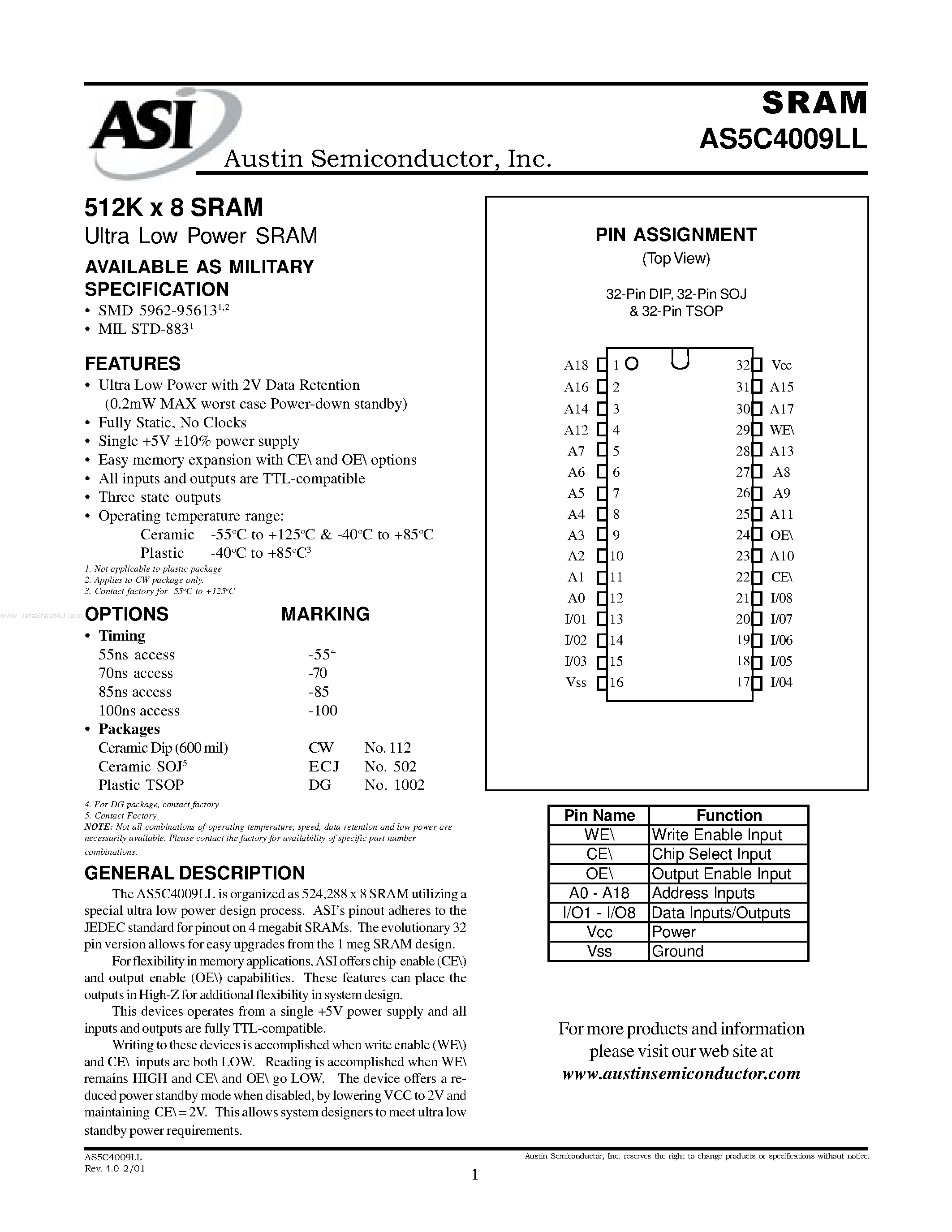 Даташит на микросхему AS5C4009LL страница 1 Даташит AS5C4009LL - 512K x 8 SRAM страница 1
