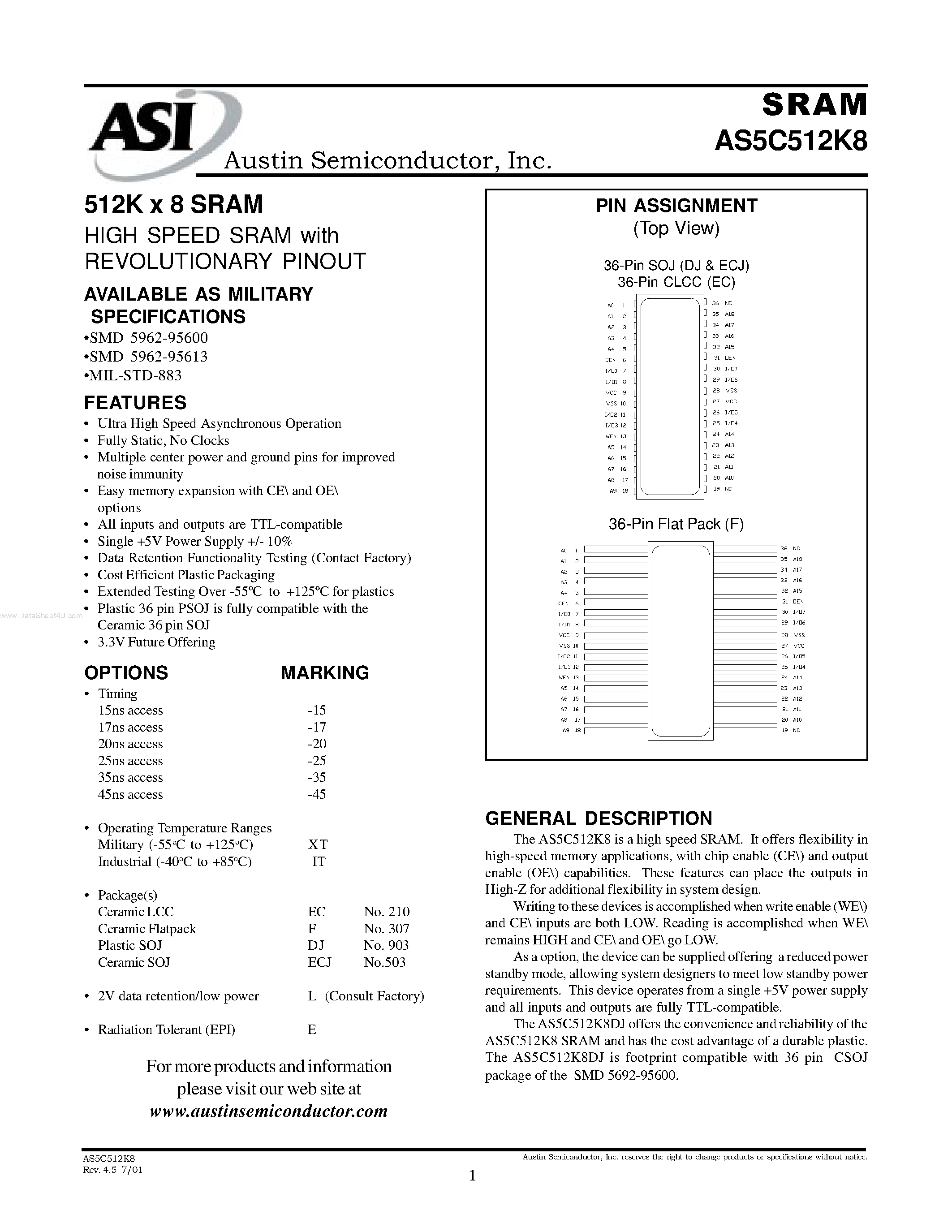Даташит на микросхему AS5C512K8 страница 1 Даташит AS5C512K8 - 512K x 8 SRAM HIGH SPEED SRAM страница 1