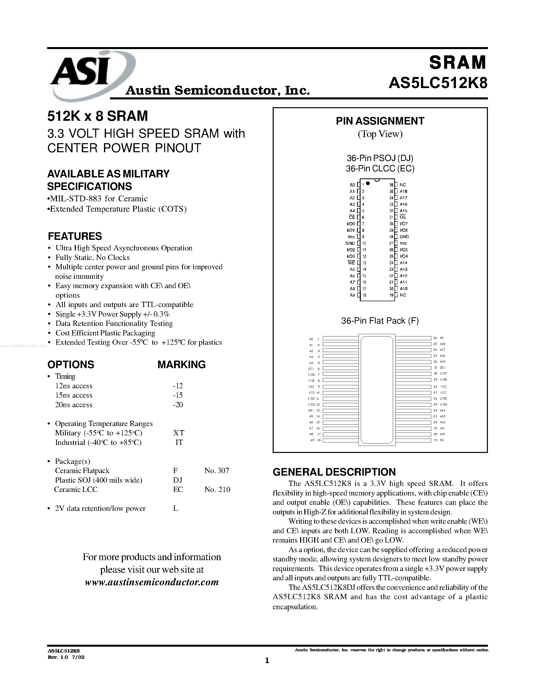 Datasheet AS5LC512K8 - 512K x 8 SRAM 3.3 VOLT HIGH SPEED SRAM page 1