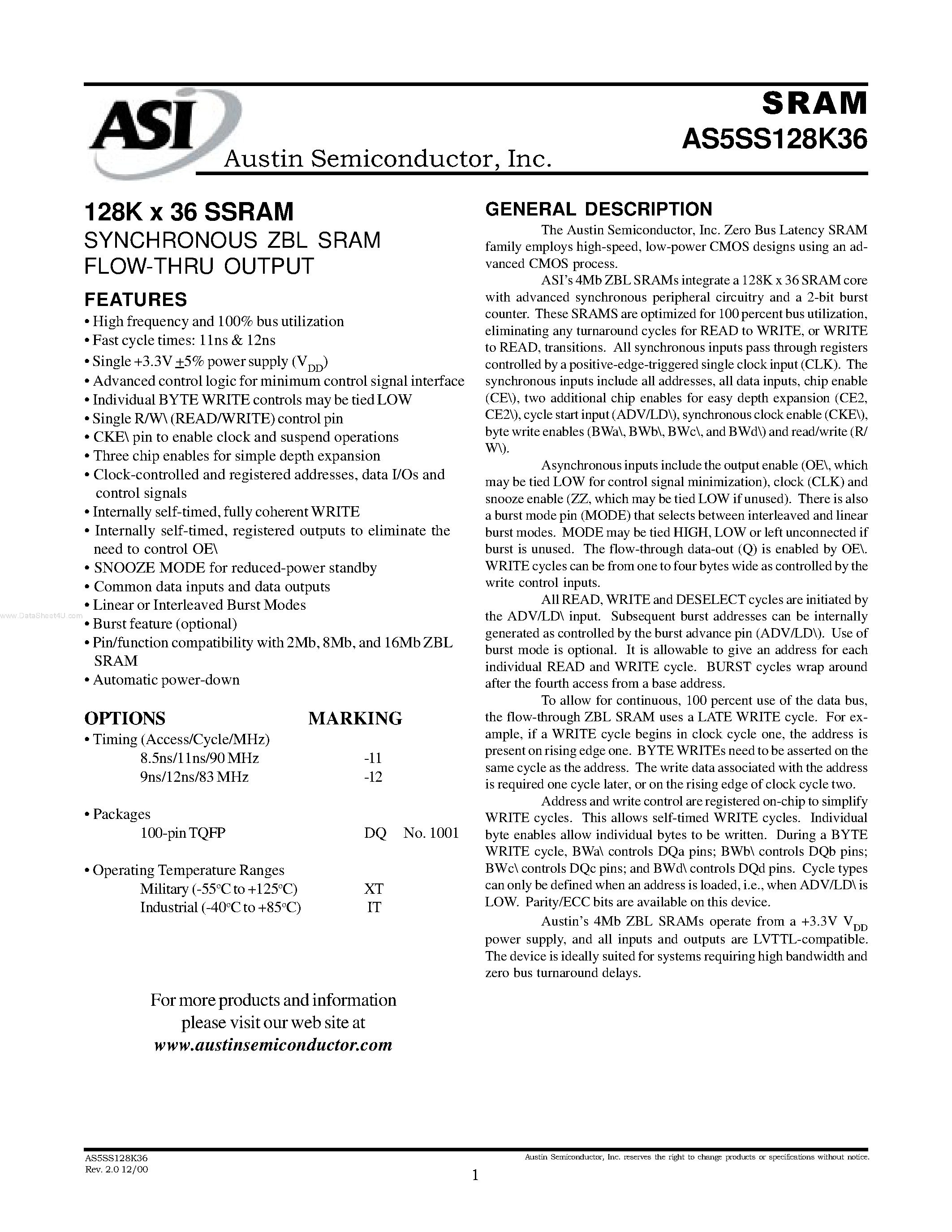 Даташит на микросхему AS5SS128K36 страница 1 Даташит AS5SS128K36 - 128K x 36 SSRAM SYNCHRONOUS ZBL SRAM FLOW-THRU OUTPUT страница 1