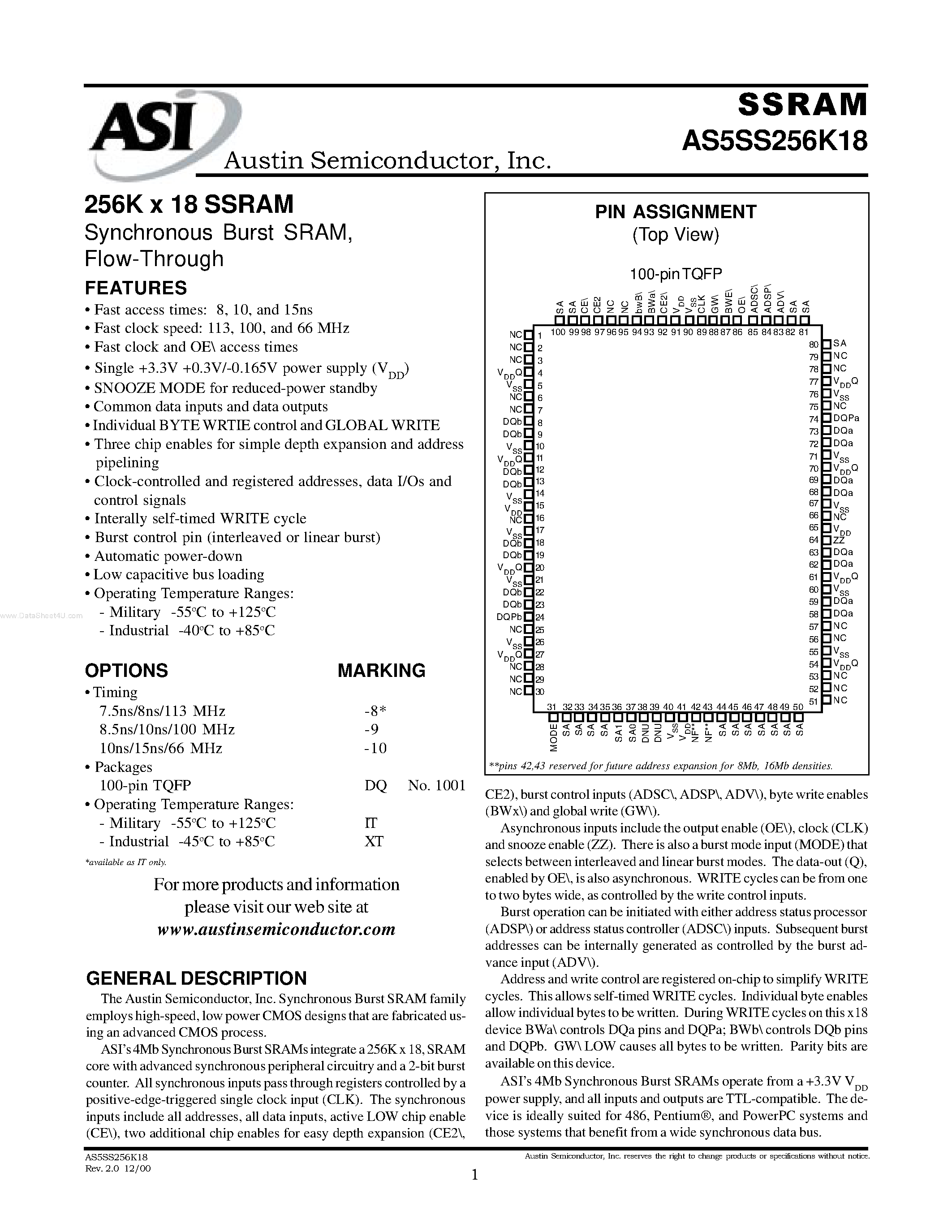 Даташит на микросхему AS5SS256K18 страница 1 Даташит AS5SS256K18 - 256K x 18 SSRAM Synchronous Burst SRAM страница 1