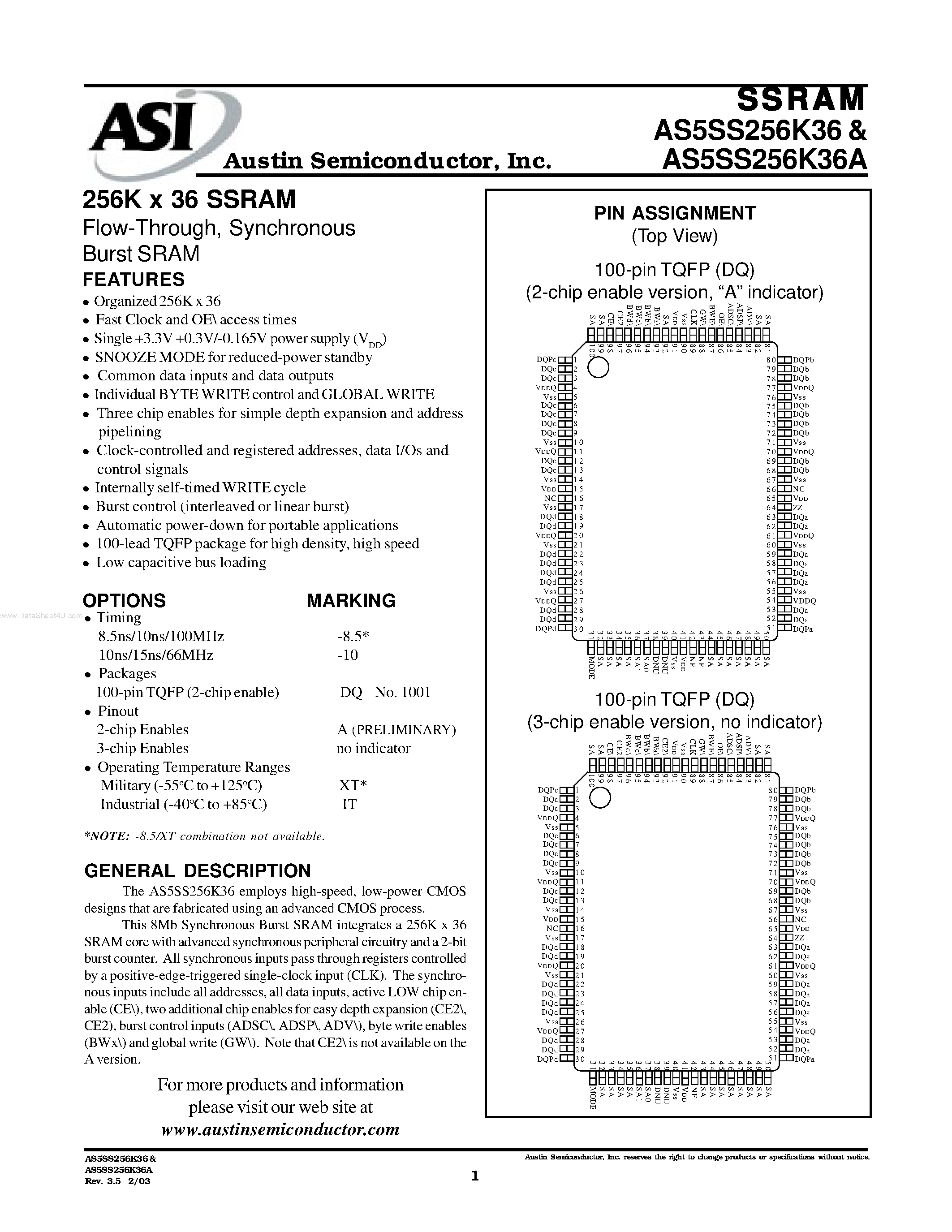 Даташит на микросхему AS5SS256K36 страница 1 Даташит AS5SS256K36 - 256K x 36 SSRAM Flow-Through Synchronous Burst SRAM страница 1