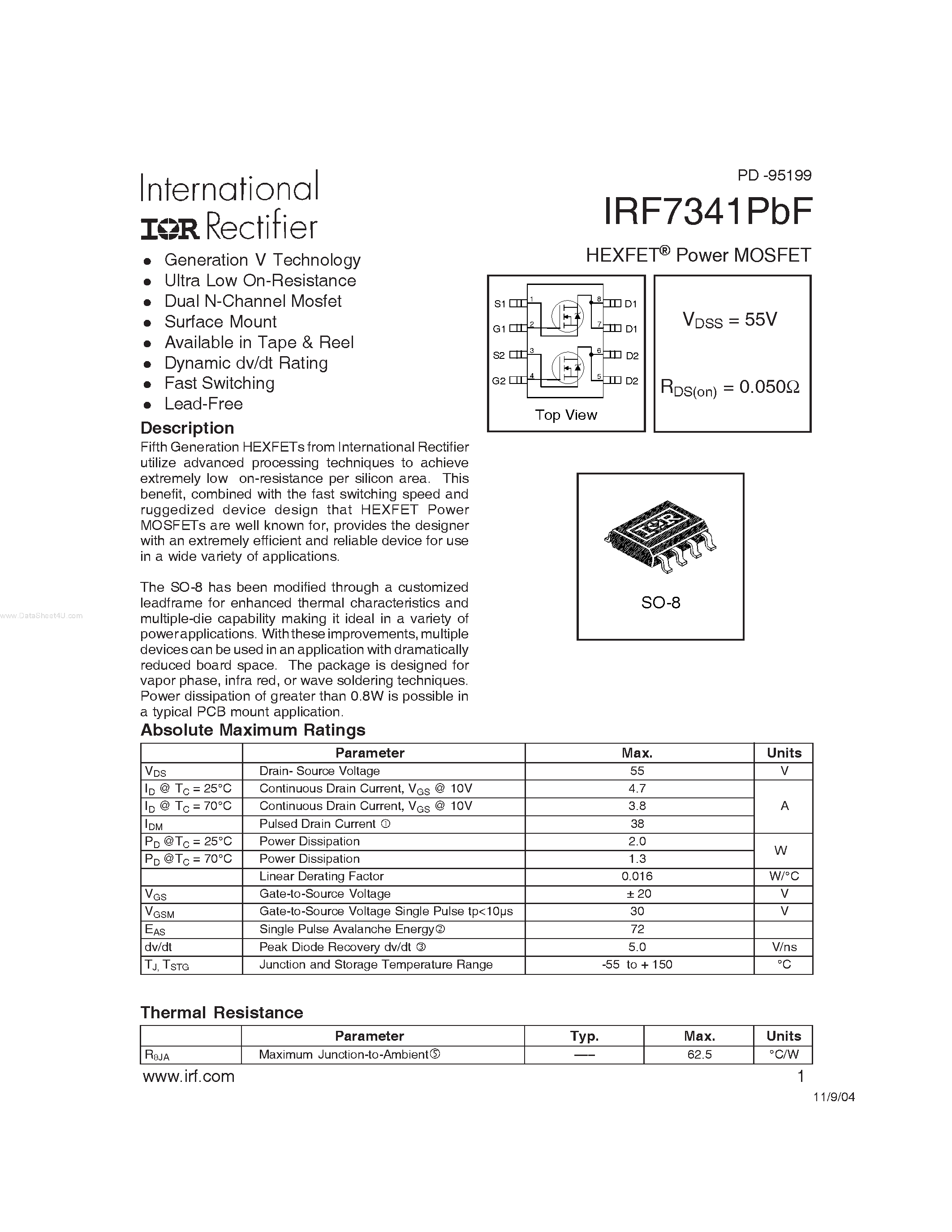 Datasheet IRF7341PBF - HEXFET Power MOSFET page 1