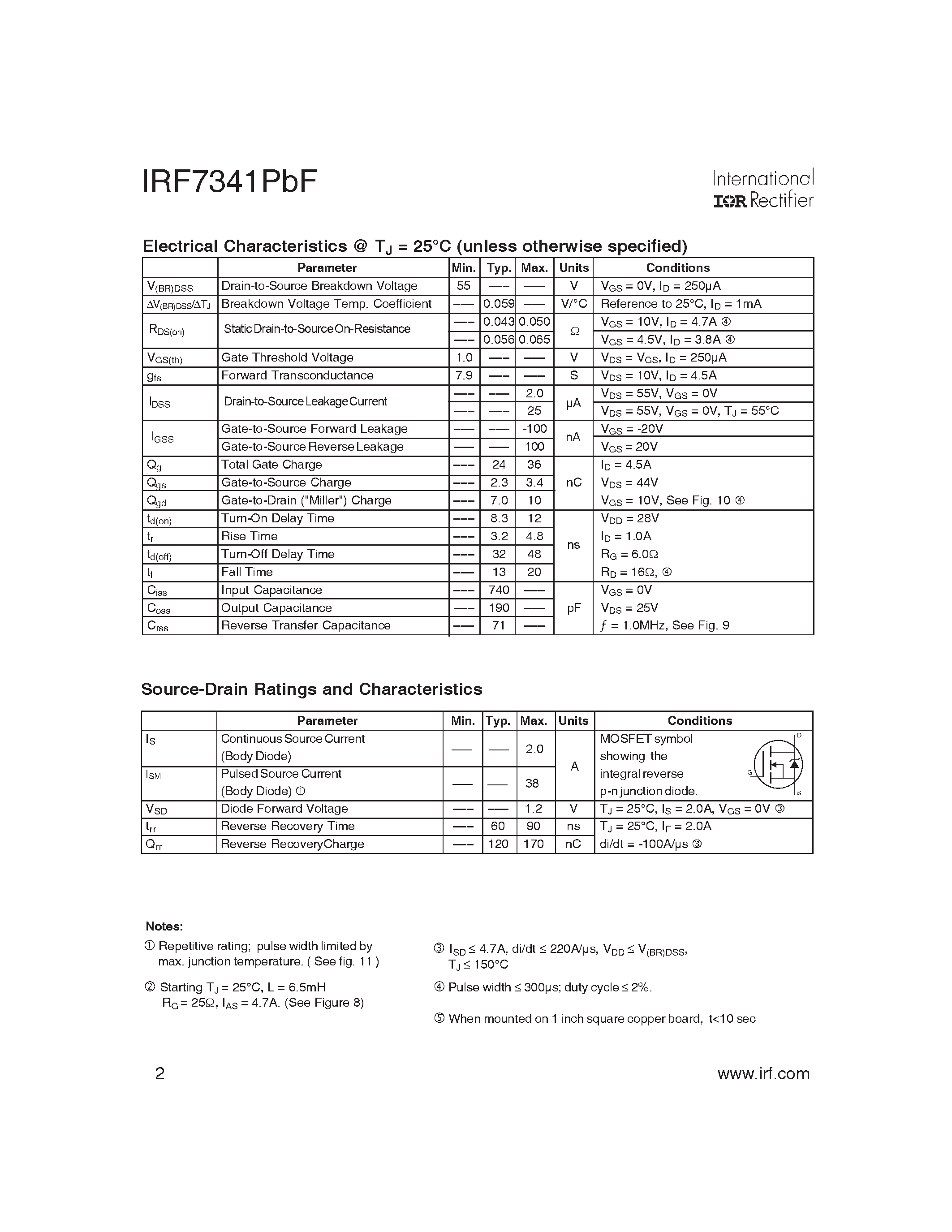Datasheet IRF7341PBF - HEXFET Power MOSFET page 2