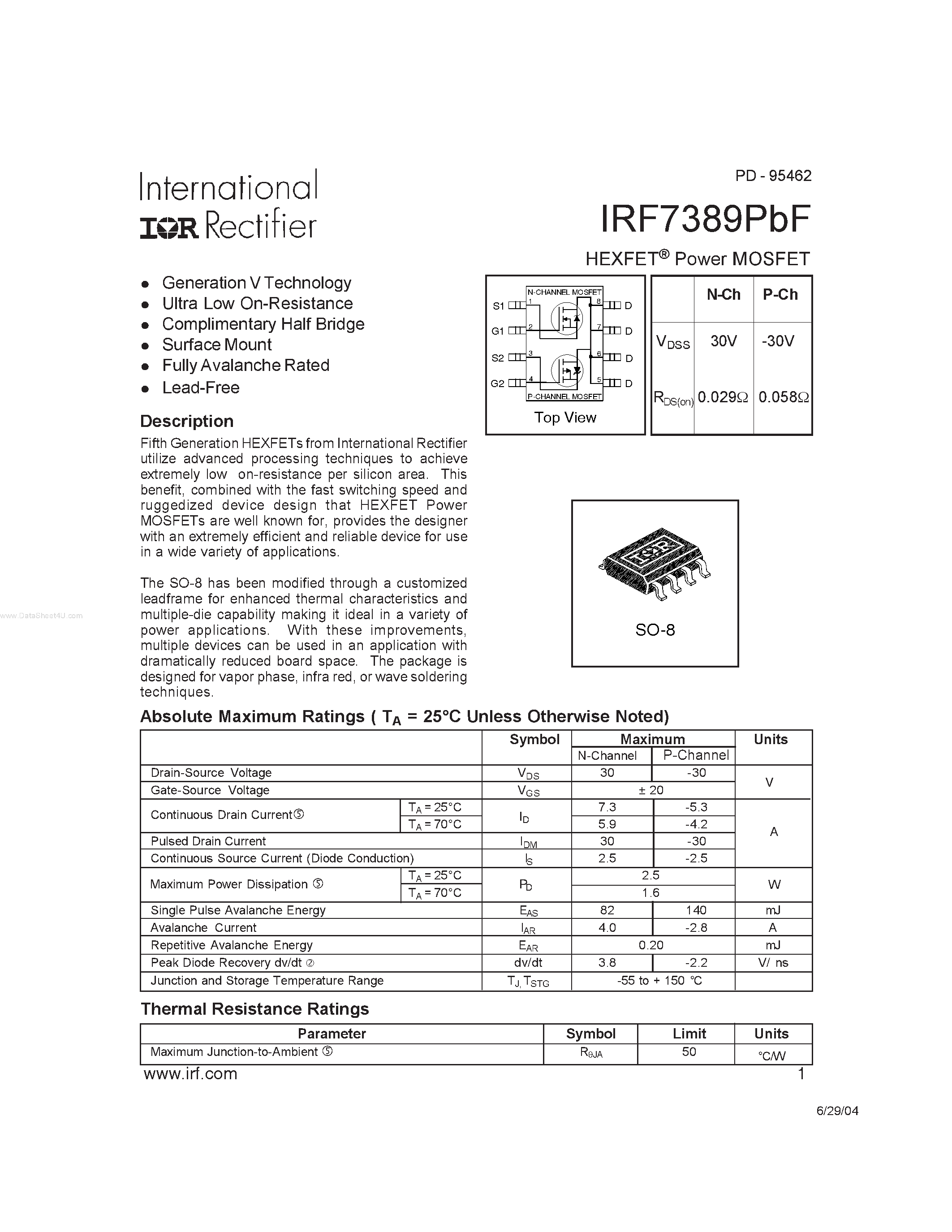 Datasheet IRF7389PBF - HEXFET Power MOSFET page 1