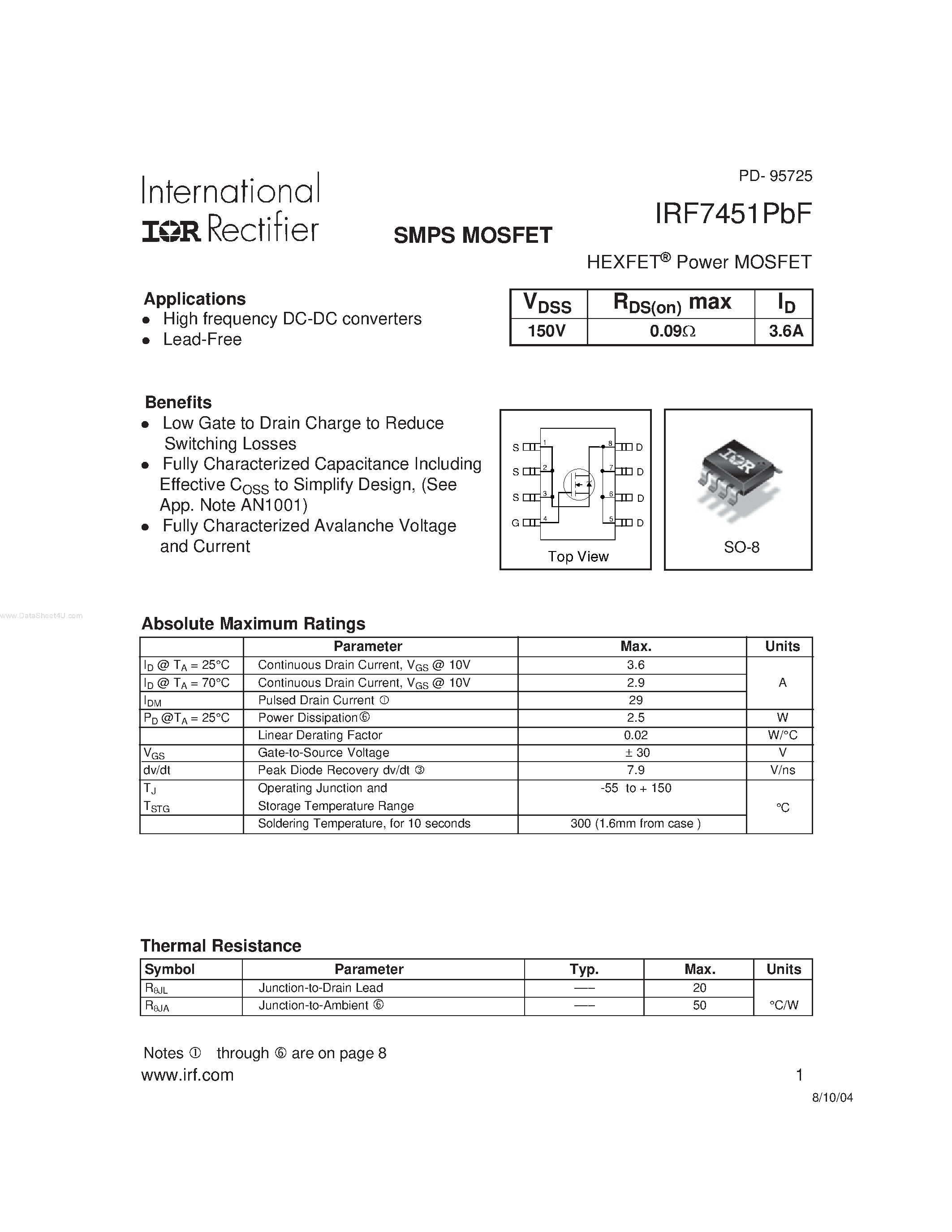 Datasheet IRF7451PBF - SMPS MOSFET page 1