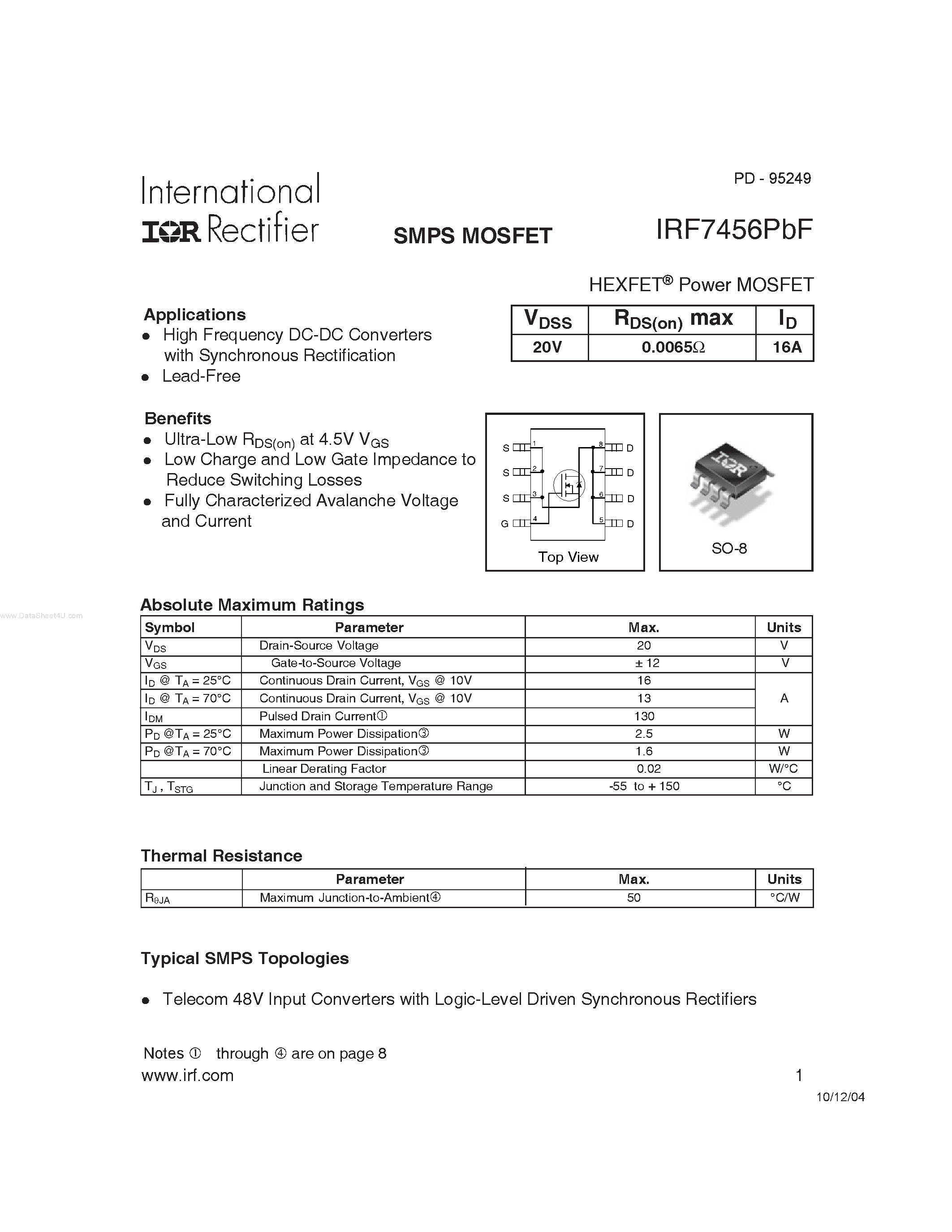 Datasheet IRF7456PBF - SMPS MOSFET page 1