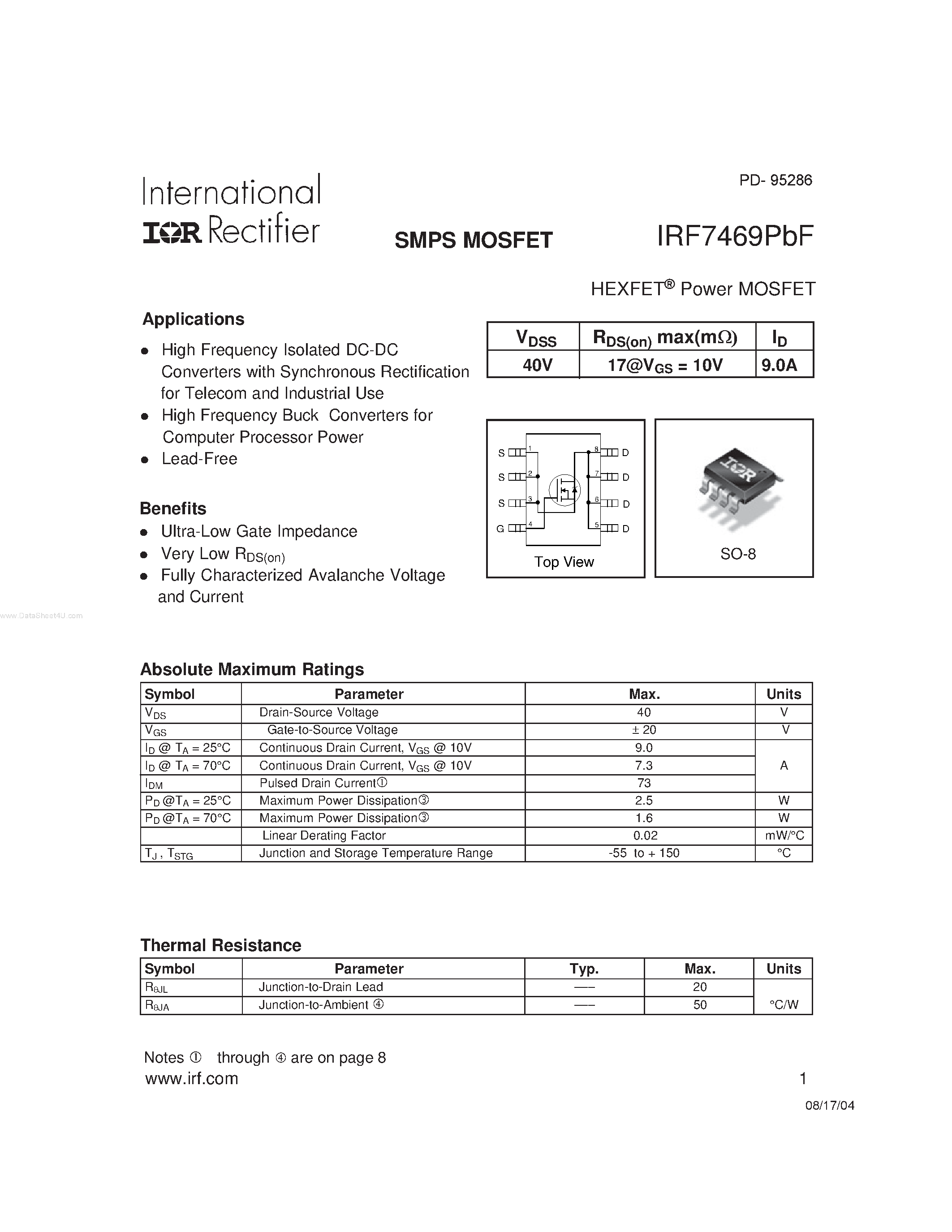 Datasheet IRF7469PBF - SMPS MOSFET page 1