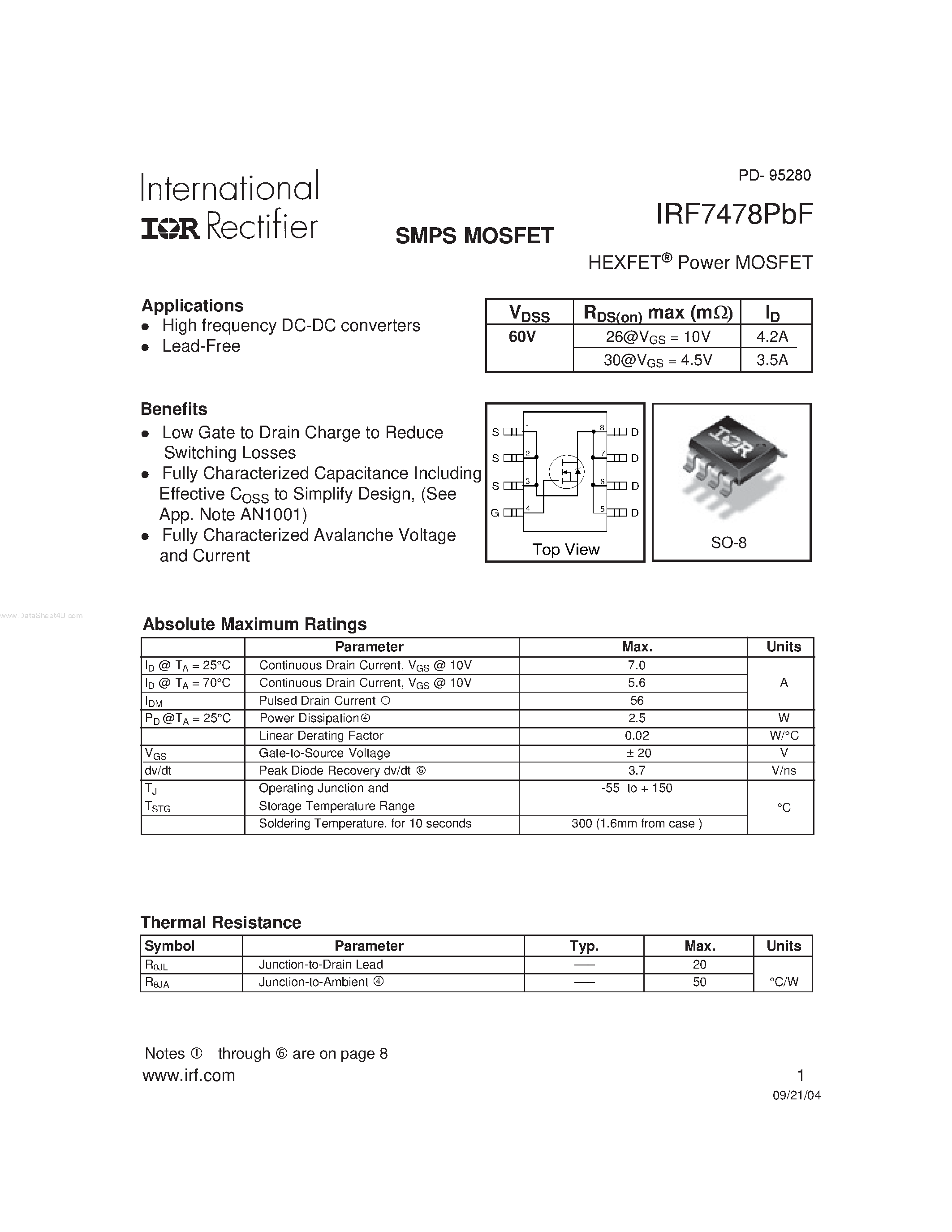 Datasheet IRF7478PBF - SMPS MOSFET page 1